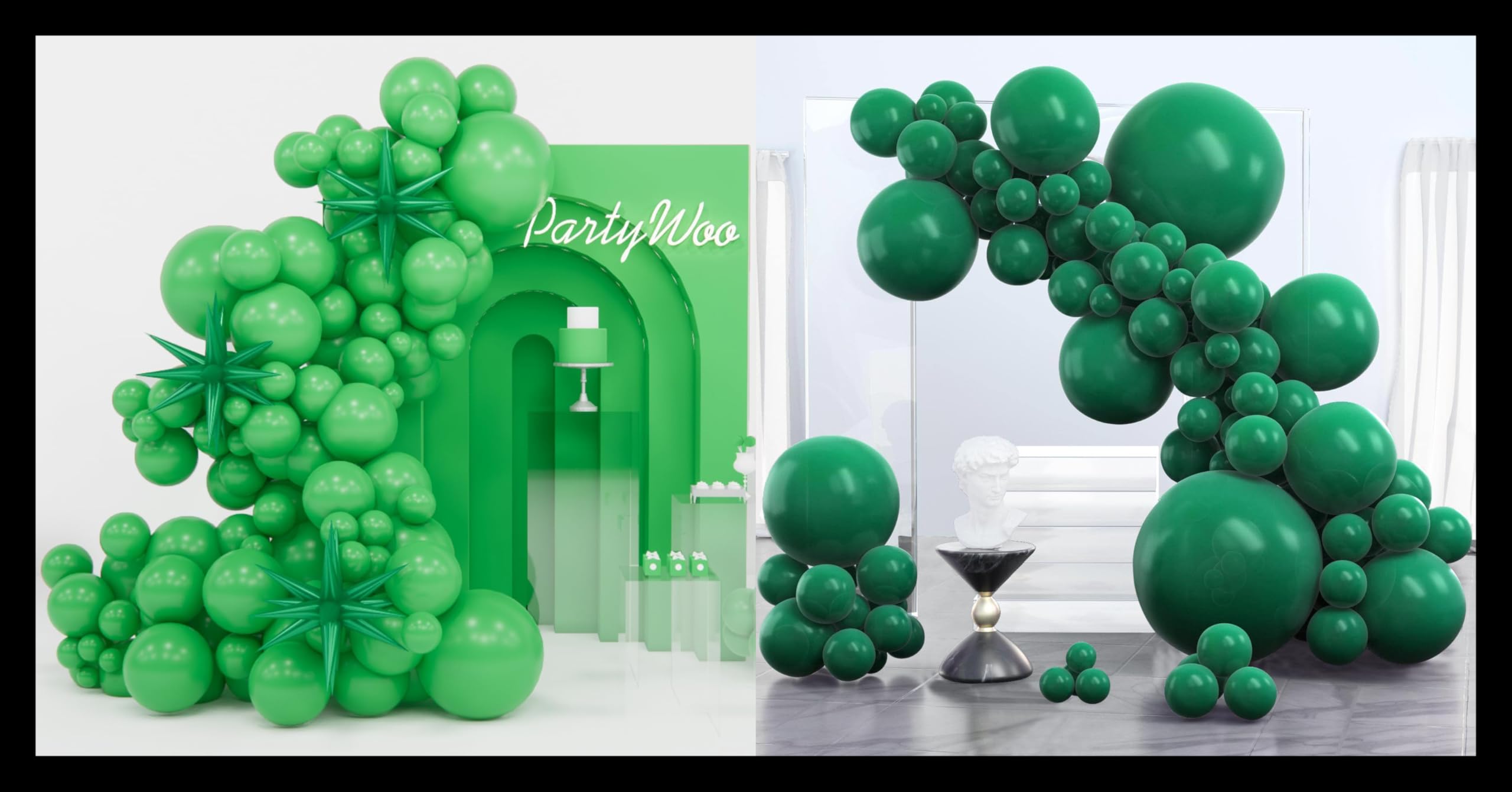 PartyWoo Green Balloons 110 pcs 18/12/10/5 Inch + 22 Inch and Dark Green Balloons 100 pcs 36/18/12/10/5 Inch - Jungle Arch Kit