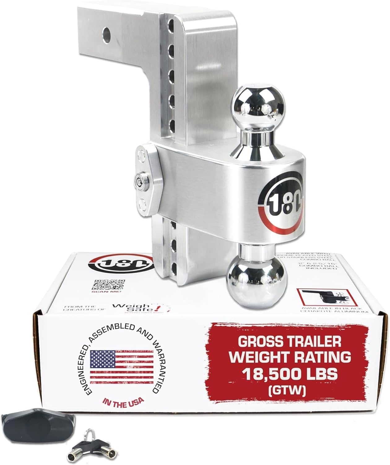 Weigh Safe 180-Degree Trailer Hitch - Adjustable Trailer Hitch for Towing - Compatible with 2.5" Receivers - 8" Drop, Chrome-Plated Tow Balls, 18,500 GTW, 1-Piece Lock Set.