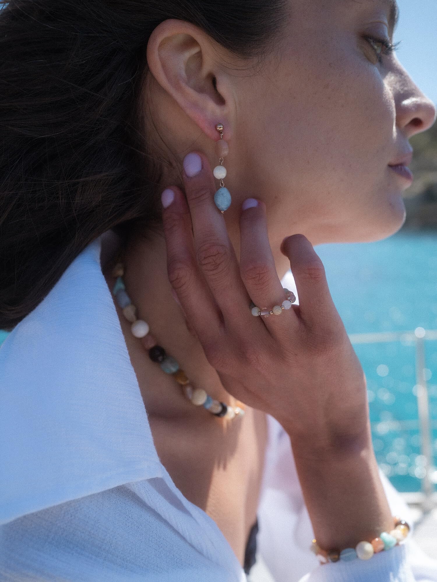 Purelei Sunrise Ohrringe – Hängeohrringe mit Aquamarin, Sonnenstein & Albit – Edelstahl 18K vergoldet – Damen Schmuck 37 mm – Zarte Farben & Aloha-Vibes