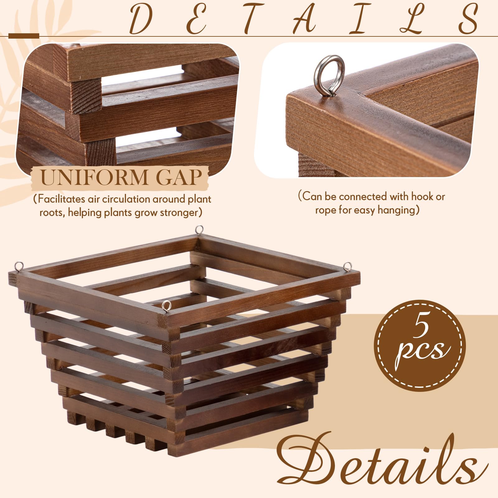 SiliFine 5 cesti in legno per orchidee con ganci, in legno di pino, rustici, per orchidee, fatti a mano, per interni ed esterni, giardino, felci e fiori (15,2 cm, 20,3 cm, 25,4 cm)
