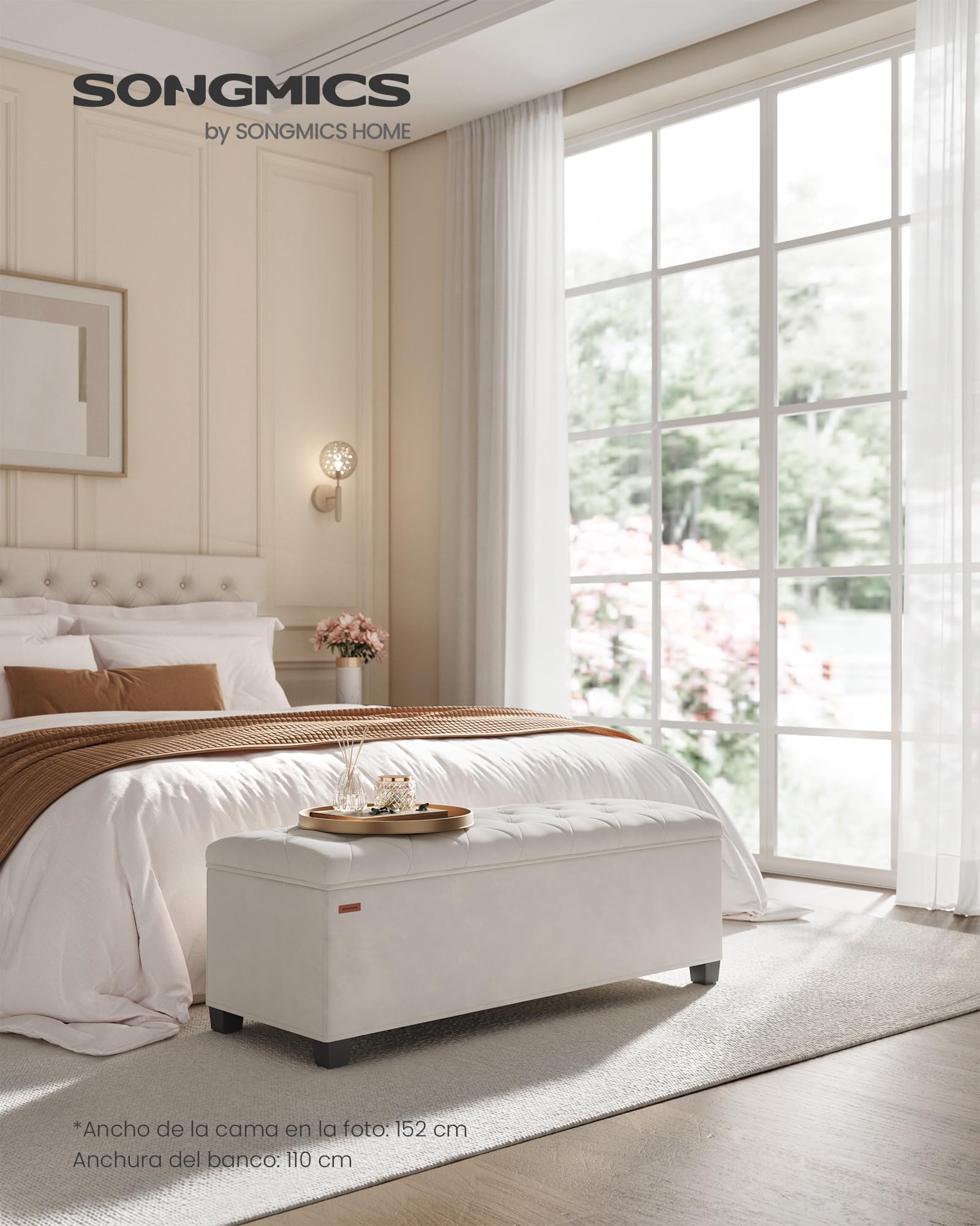 SONGMICS Puff Almacenaje, Baúl con Patas, 40 x 110 x 39 cm, Banco de Pie de Cama, Banco Almacenaje, Soporta hasta 300 kg, para Sala de Estar, Dormitorio, Entrada, Blanco Crema LSF089W01