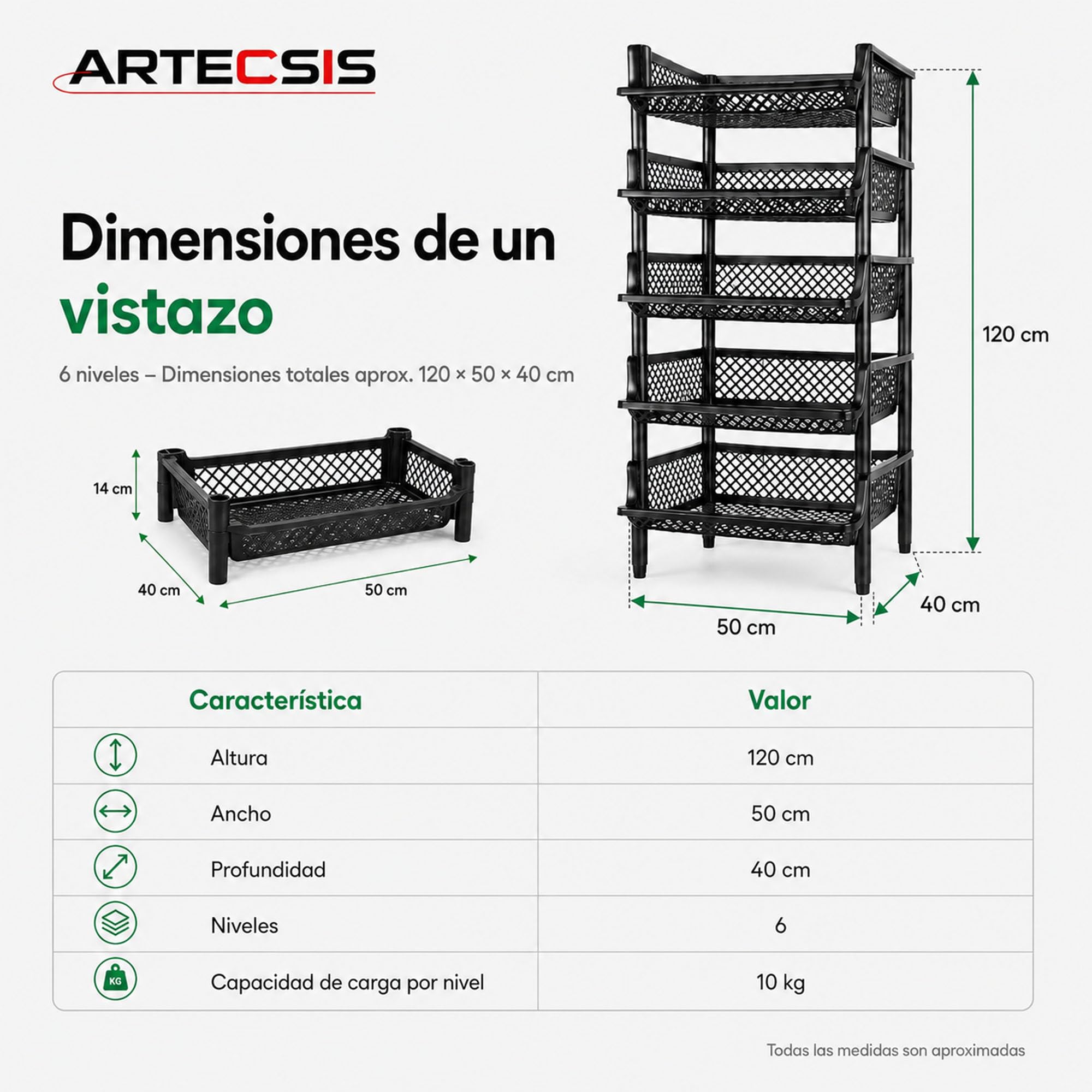 ARTECSIS - Juego de 2 estantes de Almacenamiento de plástico, 6 Niveles, 120 x 50 x 40 cm, Color Negro