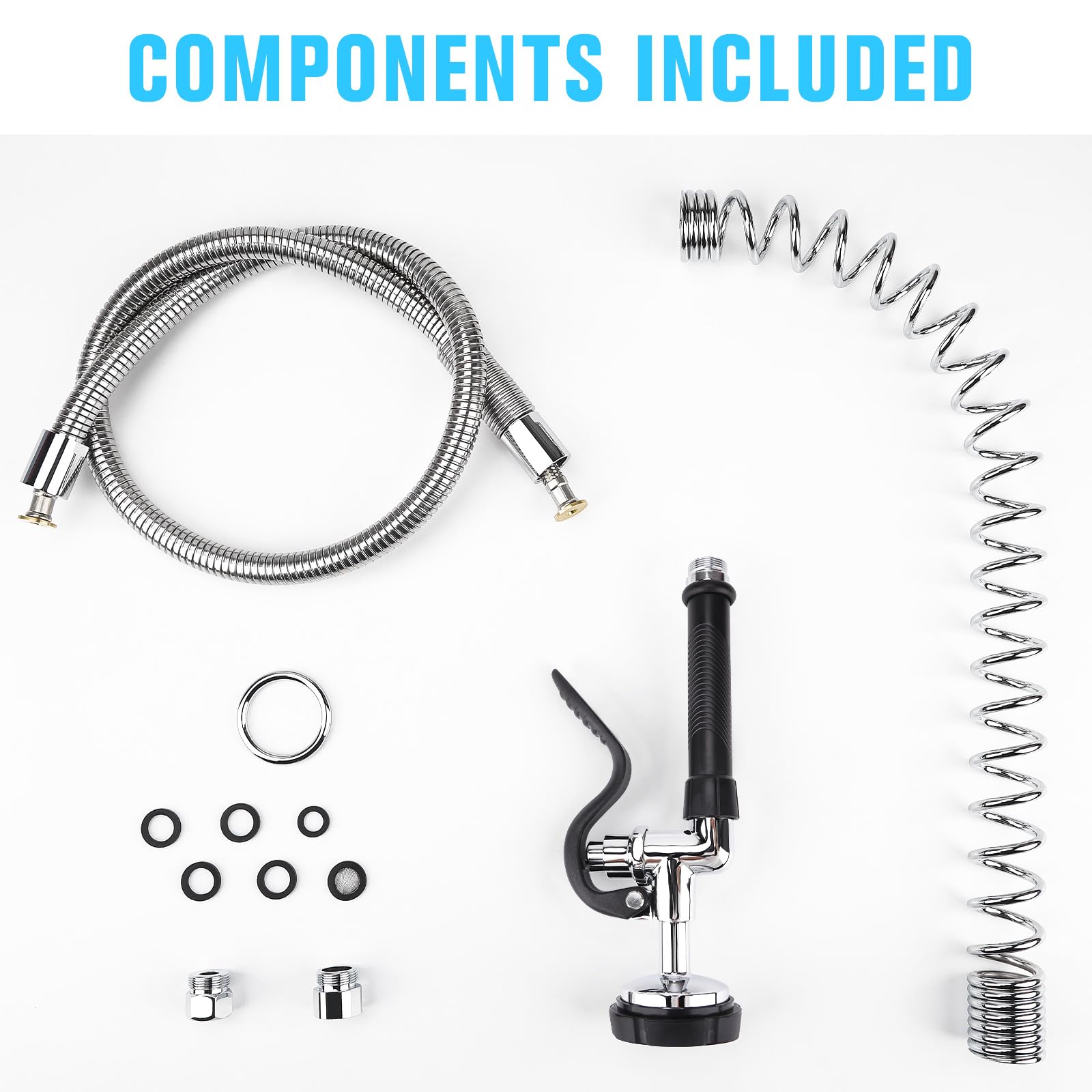 Válvula de pulverización con manguera flexible de acero inoxidable de 45 pulgadas y resorte superior de preenjuague de acero inoxidable, manguera flexible de grifo comercial con kit de repuesto