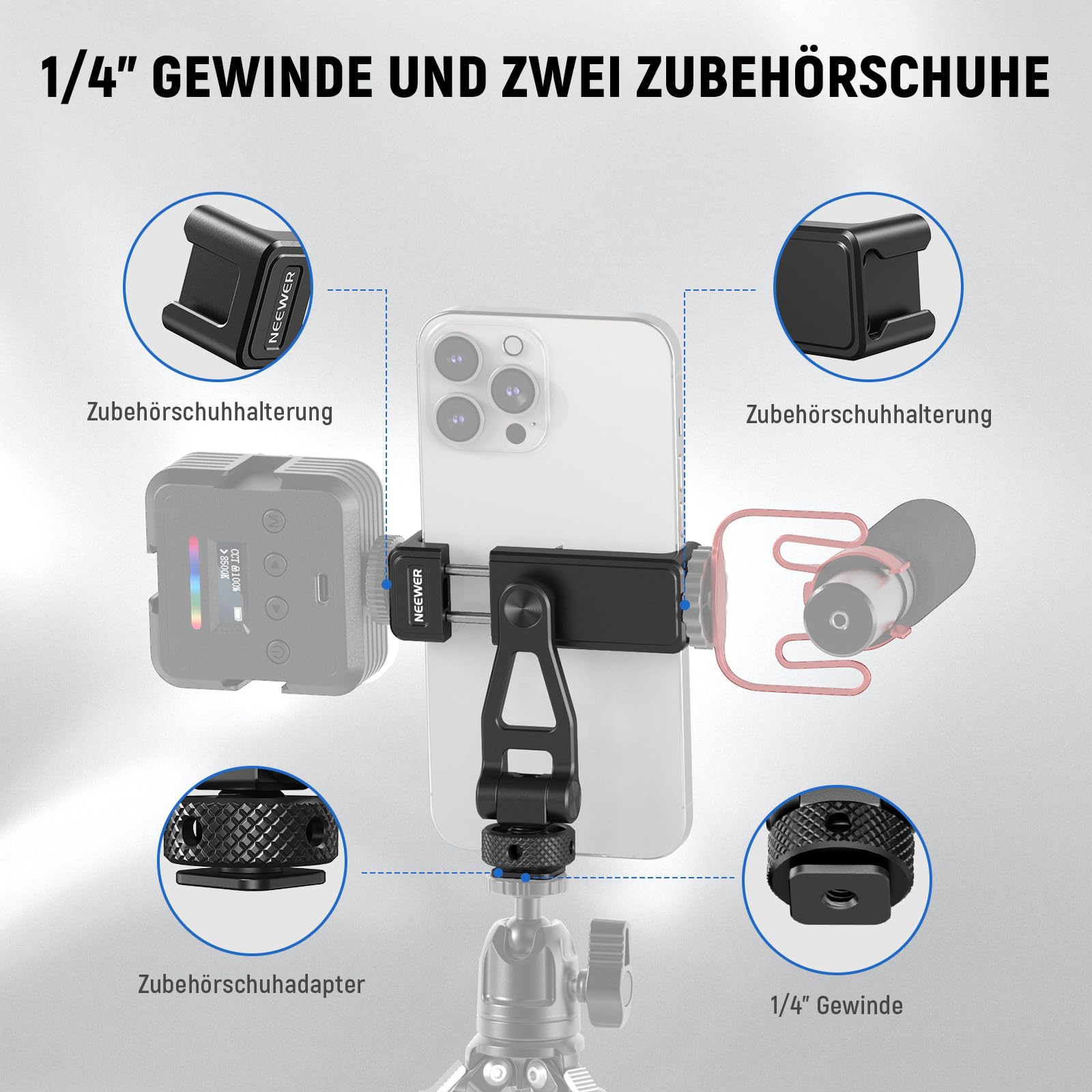 NEEWER Einstellbare Handy Stativhalterung mit 1/4" Gewinde 180°Neigung 360°Drehung Reinigungstuch Telefonklammerhalterung Kompatibel mit iPhone Samsung Android Kamerakäfig für Videoaufnahmen, GA010