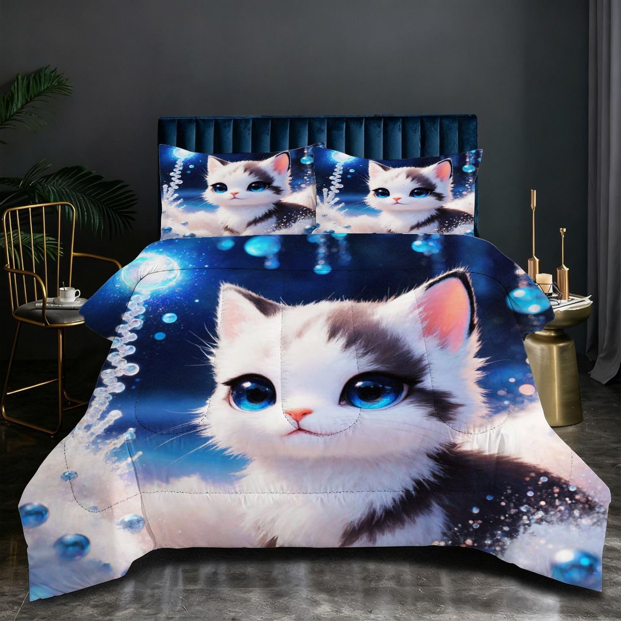 Couette double anti-usure 180x200 cm parure lit chat bleu durable et robuste