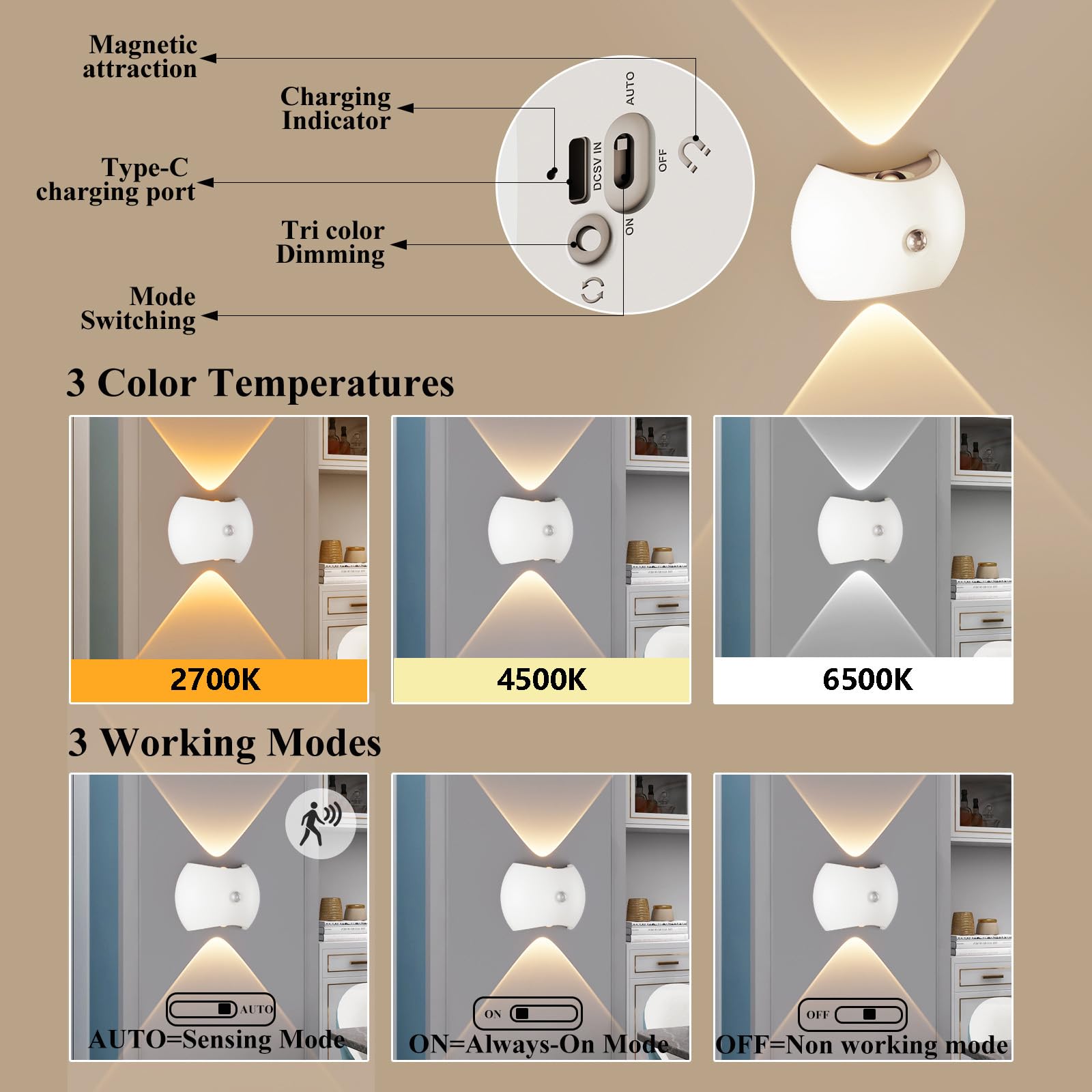 LED Lampada da Parete con Sensore di Movimento Lampada a Muro Dimmerabile 2700K/4500K/6500K Applique da Parete Interno USB Ricaricabile per Corridoio Balcone Soggiorno (Oro,2 Pezzi)