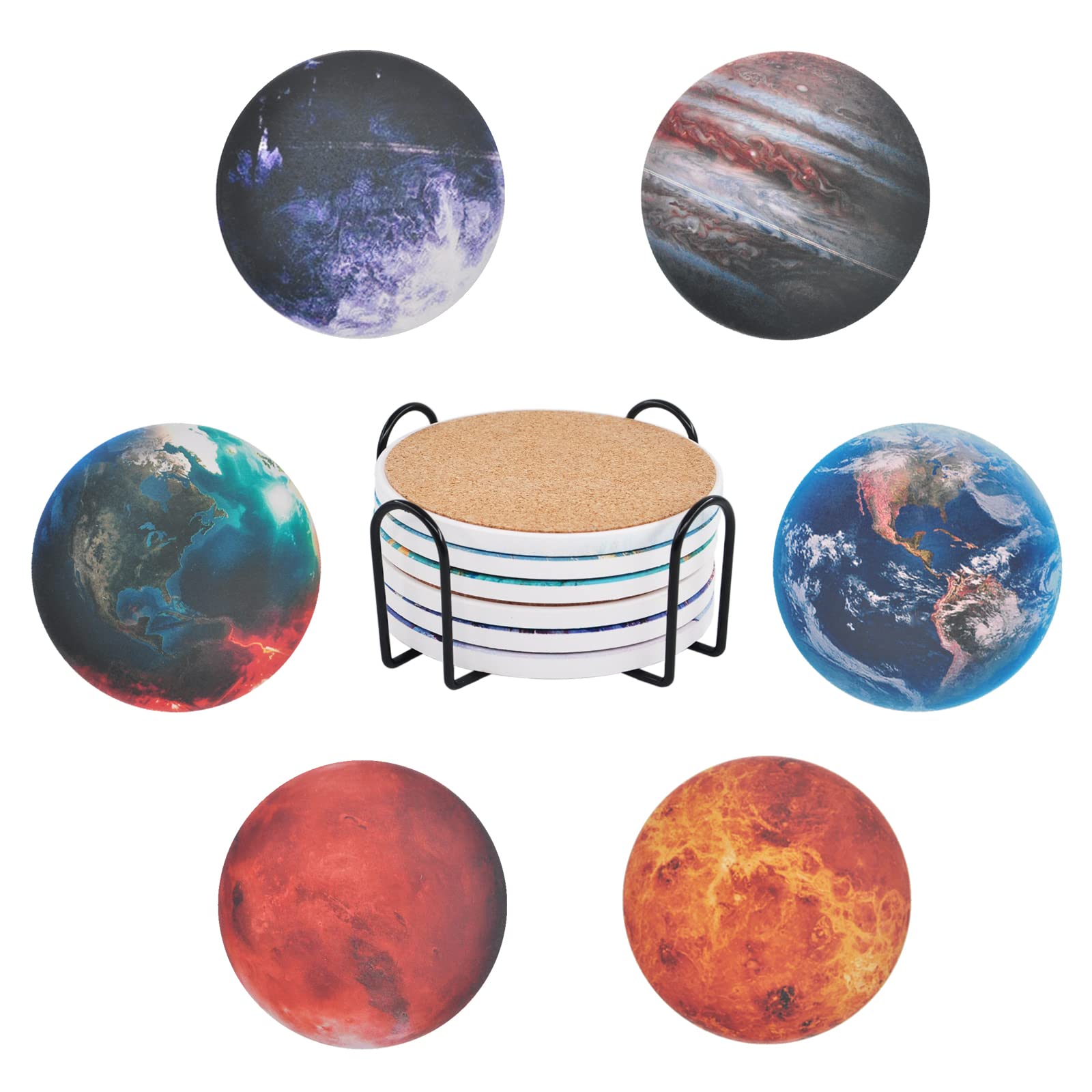 Absorbent Ceramic Drink Coaster Set of 6 Cork Backing with Metal Holder (Planet)