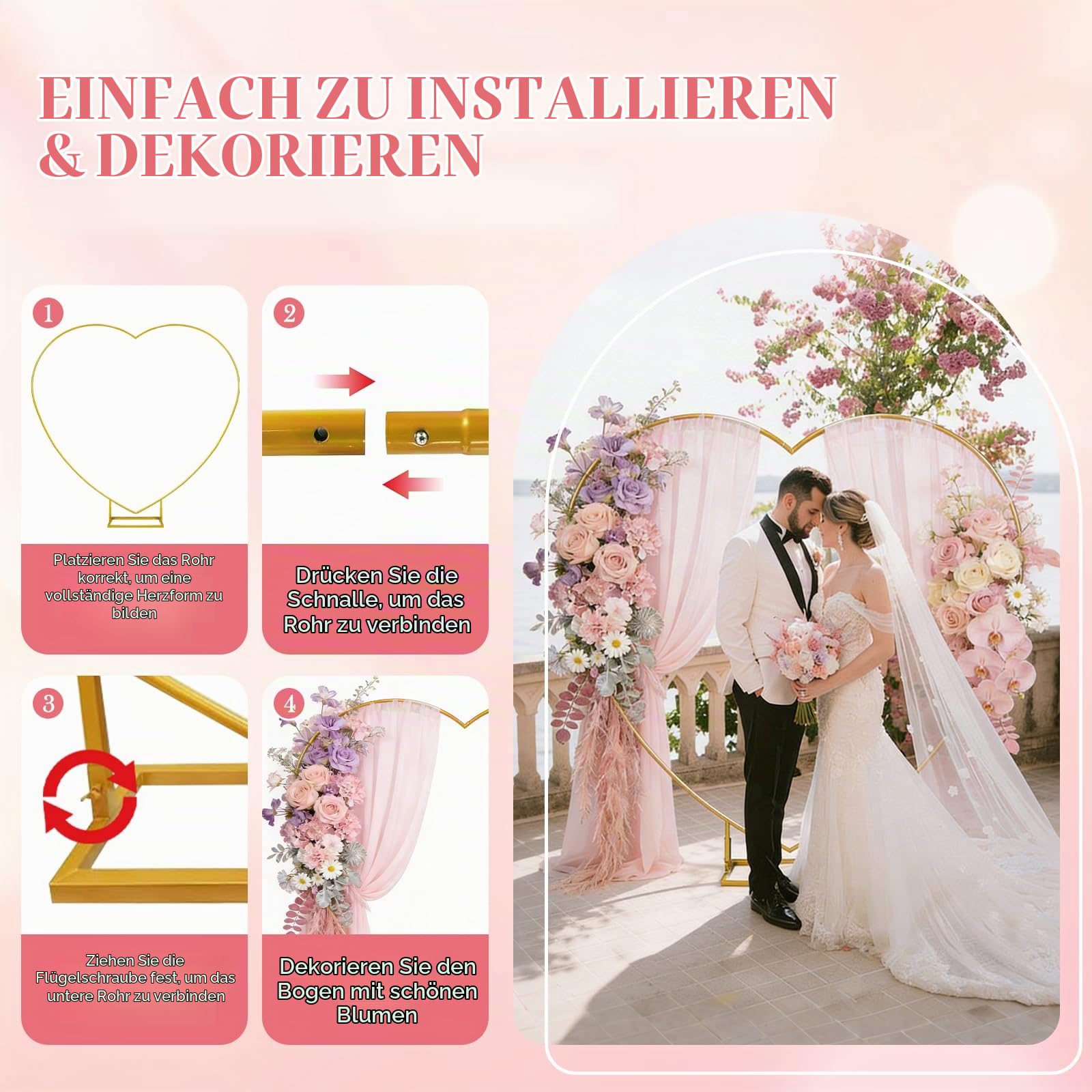 2m x 2m Herzballonbogen aus Metall mit Stand, Liebesherz Ballonbogen Set für Hochzeiten, Babyparty, Geburtstag, Jubiläum - Herzförmiger Dekorationsbogen mit robustem Ständer