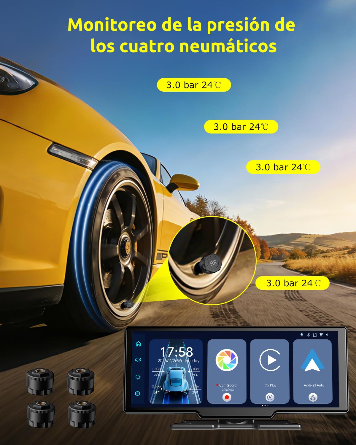 ESSGOO Pantalla Coche 10.26 Pulgadas Carplay y Android Auto Inalámbrico con 4 Sensor de Presión de Neumáticos Cámara Frontal 4K Trasera 1080P,IPS Táctil,Bluetooth,Mirror Link,Control por Voz,64GB TF