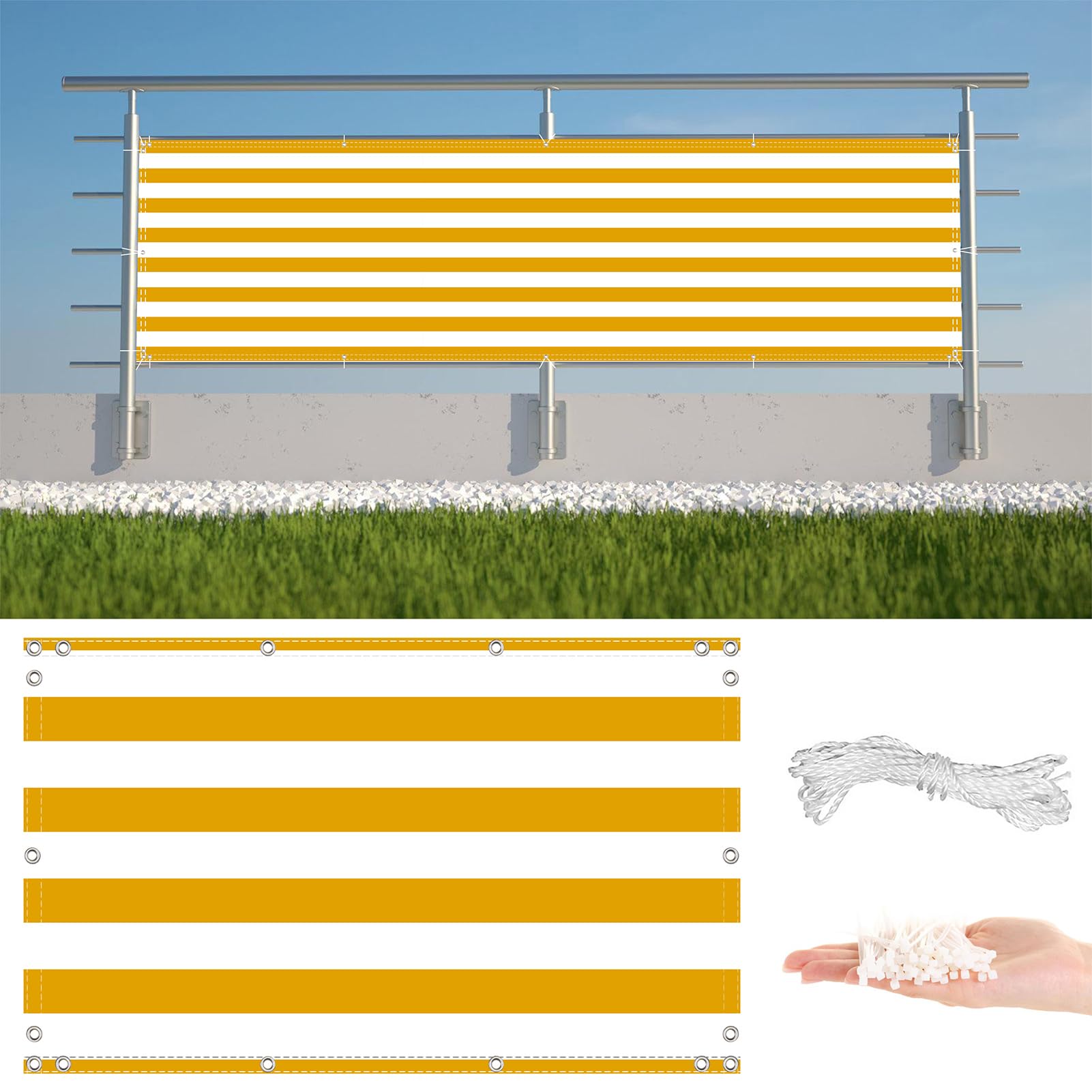 GLDYTVF Balcony 3m x 5m UV Protection Weather Resistant Waterproof Garden Screens with Cable Ties and Rope for Backyard Rails and Garden Yellow Stripe