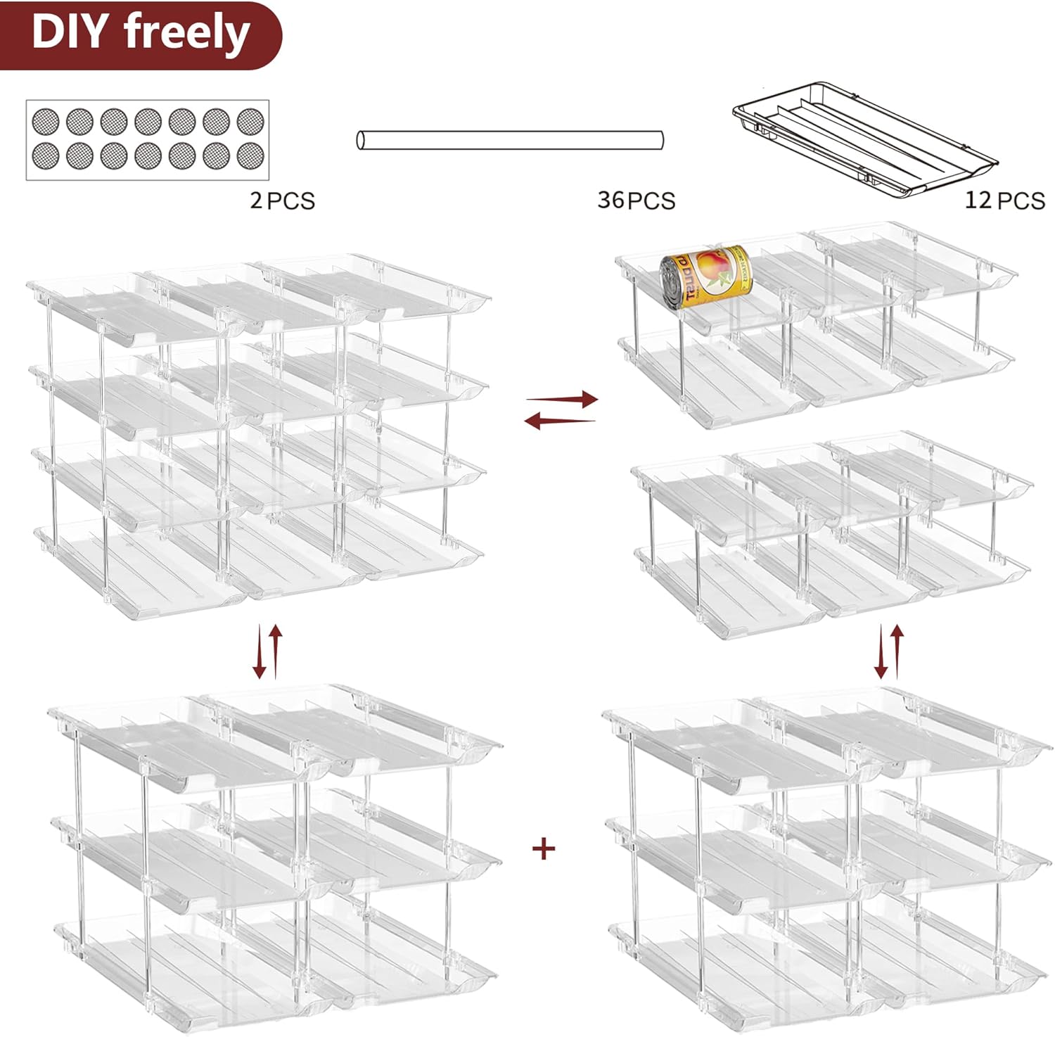 Attelite Can Organizer for Pantry, 6 Sets 3Tiers Can Storage Organizer Pantry, Soda Can Organizer for Fridge 72 Cans Rack Automatic Rolling Stackable Canned Food Organizer,Clear
