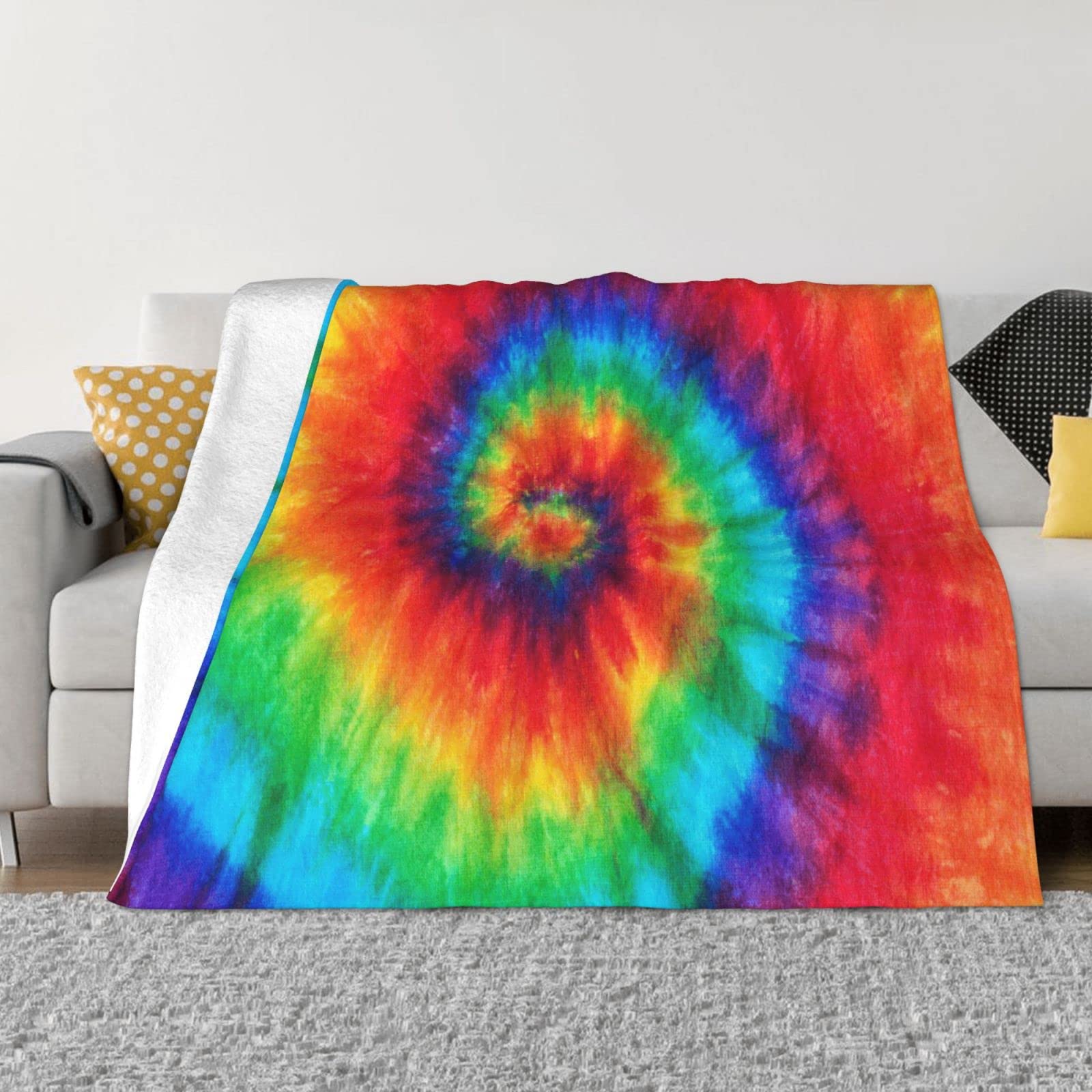 Couverture flanelle arc-en-ciel douce plaid tie dye canapé chambre camping