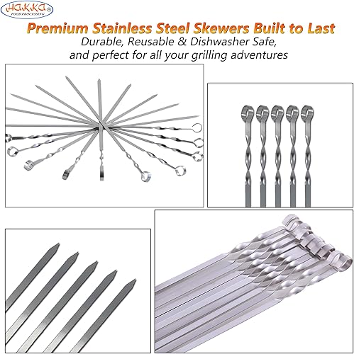Miniatura 3 de Hakka - Brochetas de acero inoxidable para barbacoa, 23 pulgadas, resistentes, grandes, anchas, reutilizables, con mango de anillo antideslizante,