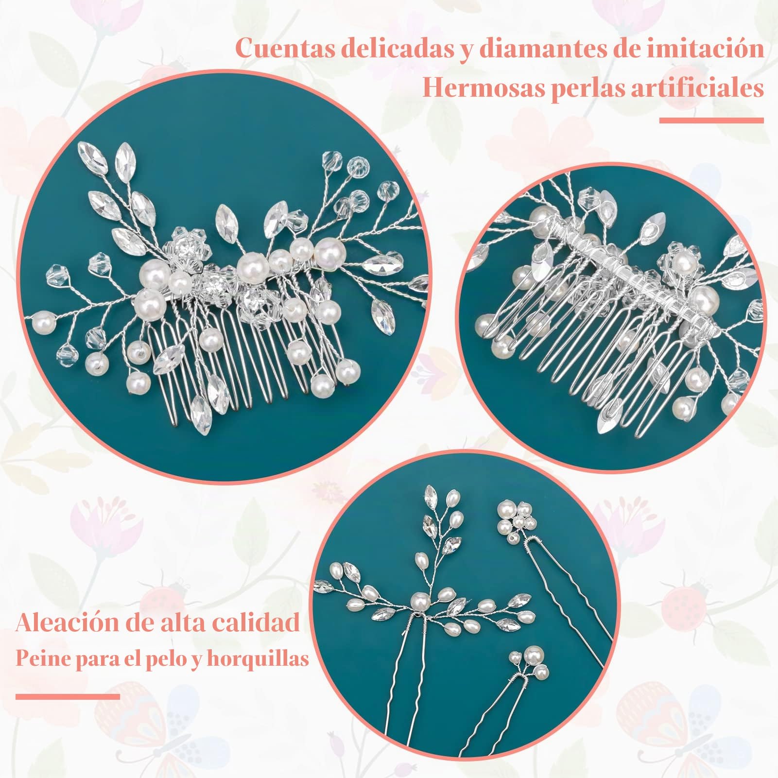 MELLIEX Peine para el Cabello de Novia, Horquillas Pelo Boda de Diamantes de Imitación y Perlas Artificiales Tocado de Novia, Plata