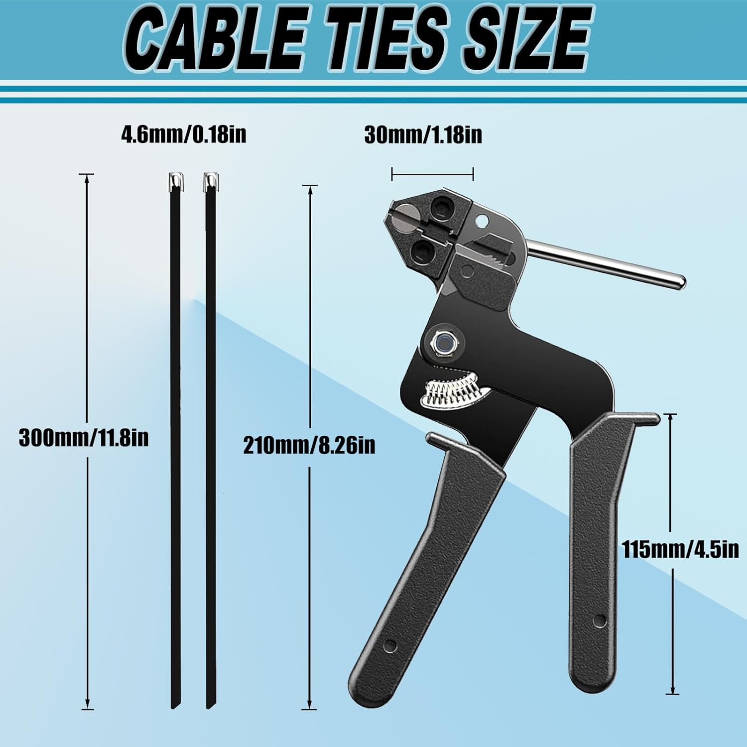 300 PCS 11.8 Inch Black Galvanized Steel Cable Ties Kit with Cable Tie Gun, Screwdriver and Protective Gloves, Heavy Duty 304 Metal Zip Ties Complete Tool Set for Industrial, Automotive, Fence Use