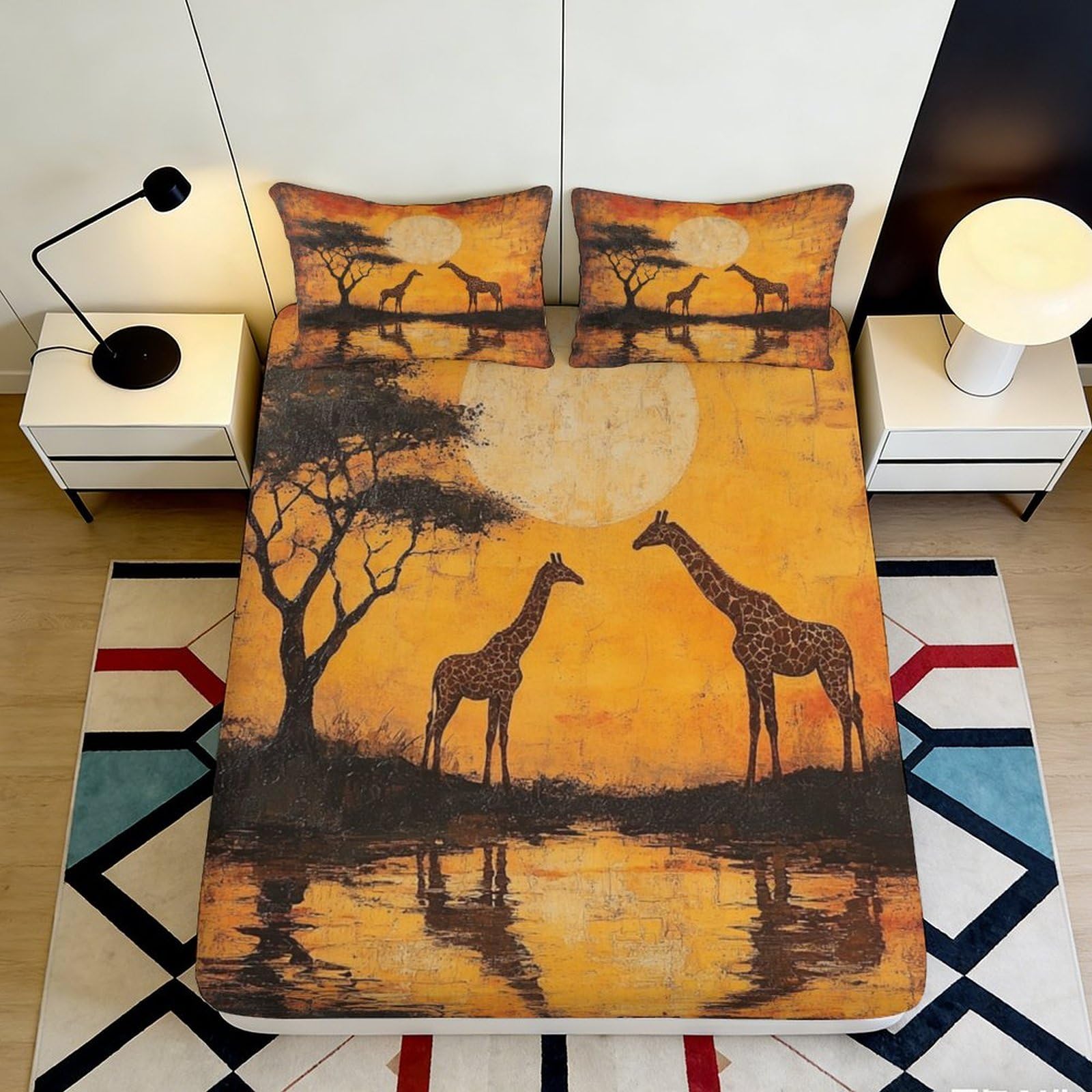 3D Printed Sunset Savannah Fitted Sheet Microfiber Giraffe Bed Cover for Bedroom Guest Room Decor 90x200x25cm
