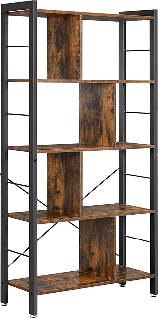 VASAGLE regał, półka z 4 poziomami, wolnostojący regał, regał na książki, regał biurowy, industrialny design, do salonu, biura, gabinetu, duży, metalowa rama, vintage brązowo-czarny LBC12BX