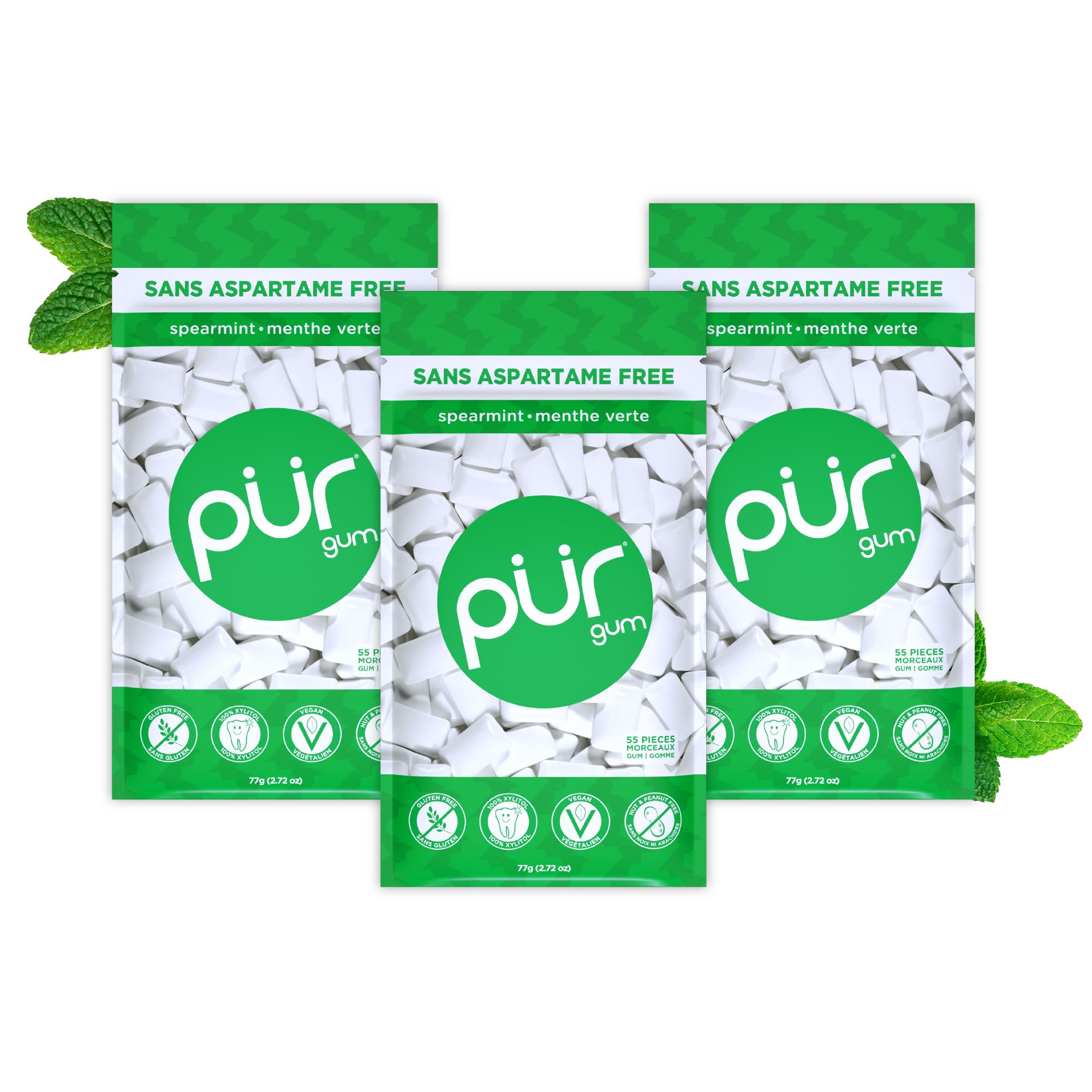 PUR Gum Spearmint Xylitol Gum No Artificial flavour 165 Count (3x55)