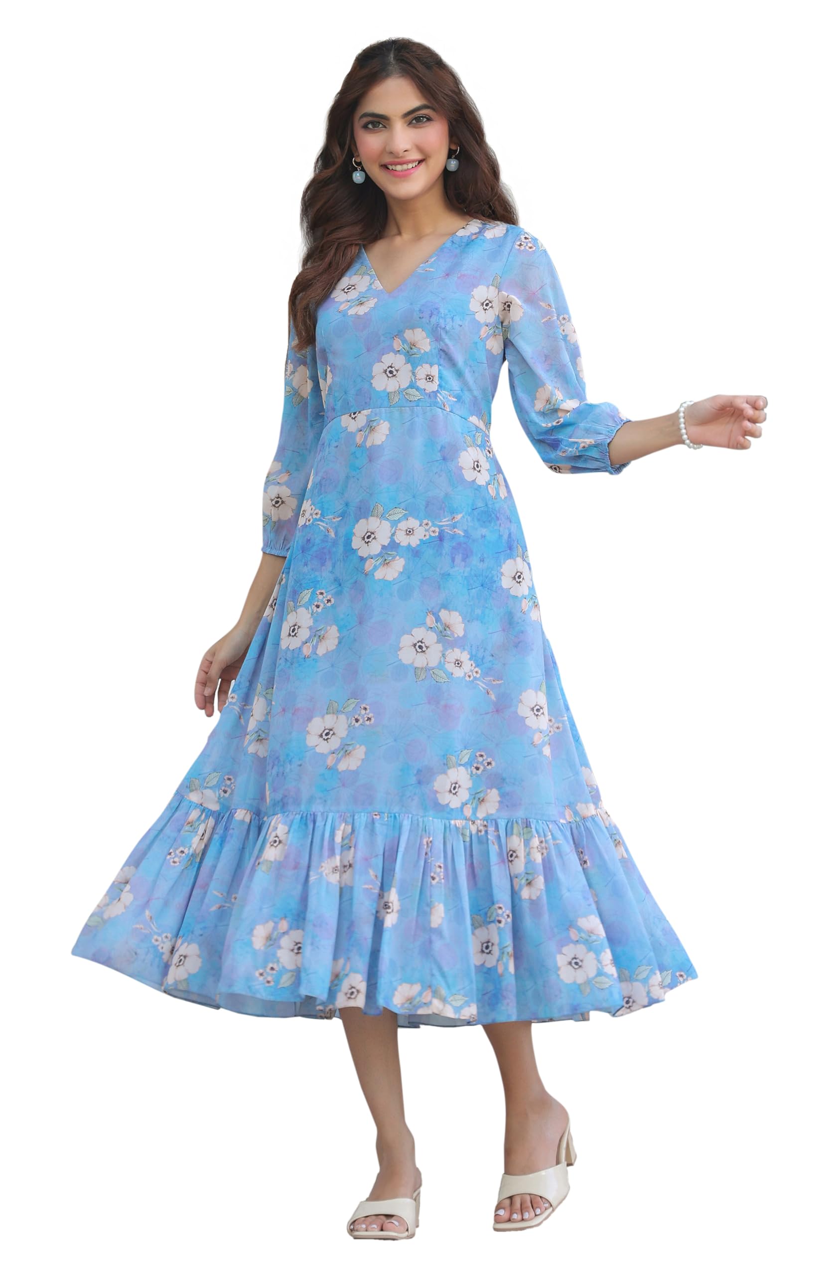 janasya Women's Blue Georgette Floral Printed A-line Dress-picture-41