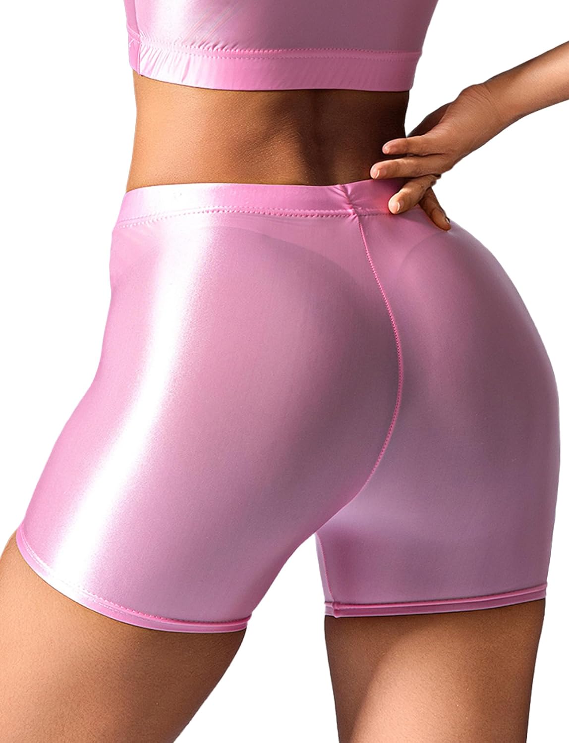 FEOYA Women's Sexy Oil Shiny Booty Shorts High Waisted Metallic Rave Shorts Festival Club Nightout Disco Dance Bottoms
