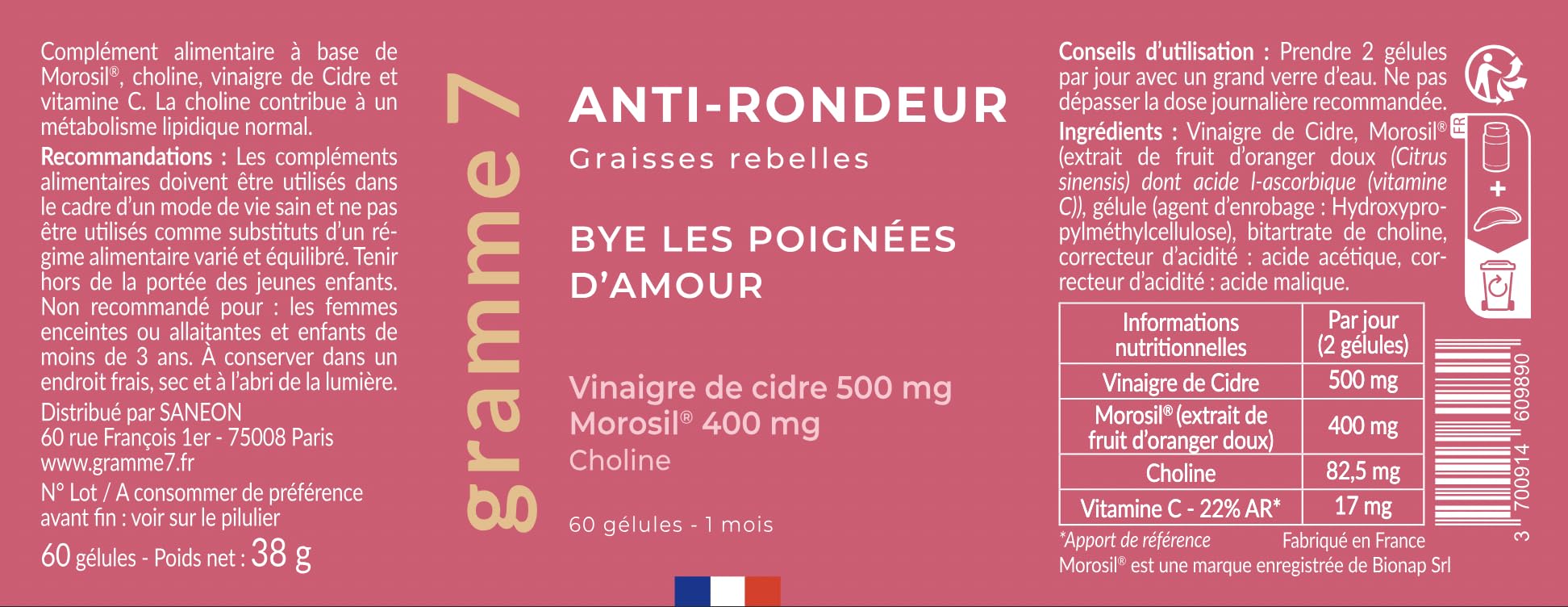 Morosil® 400 mg - Brûleur de Graisse Puissant - Vinaigre de Cidre 500 mg - Choline - Perte de Poids & de Graisse Abdominale - 60 Gélules - Vegan - Fabriqué en France