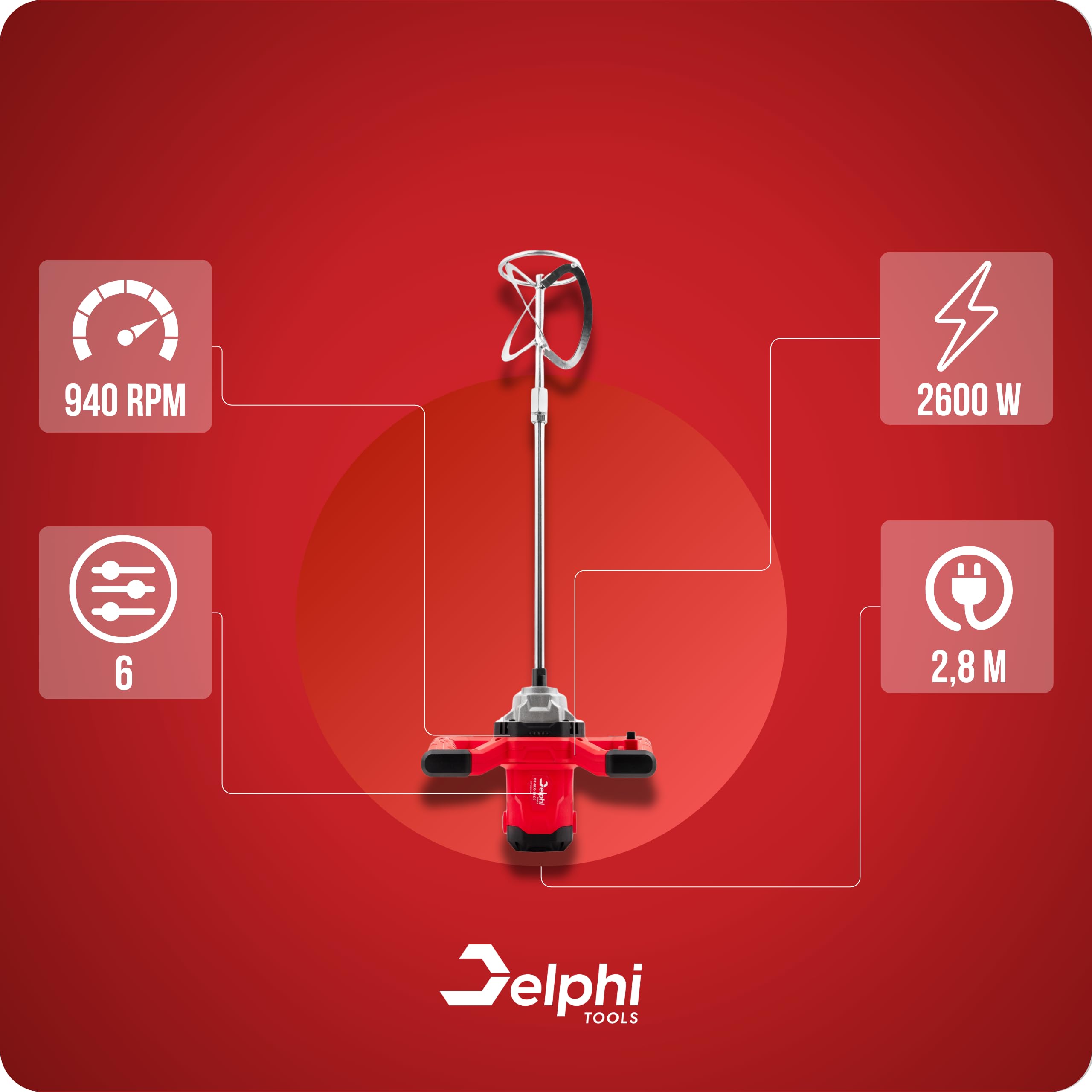Delphi Agitador eléctrico de 2600 W, con 2 agitadores, 6 velocidades, para pegamento, hormigón, pintura, yeso con bolsa y accesorios, M14 940 rpm