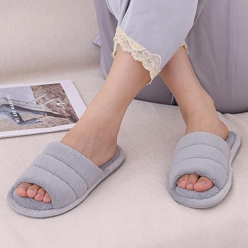 Miniatura 6 de shevalues Pantuflas de tela de rizo con punta abierta para mujer, pantuflas de espuma viscoelástica