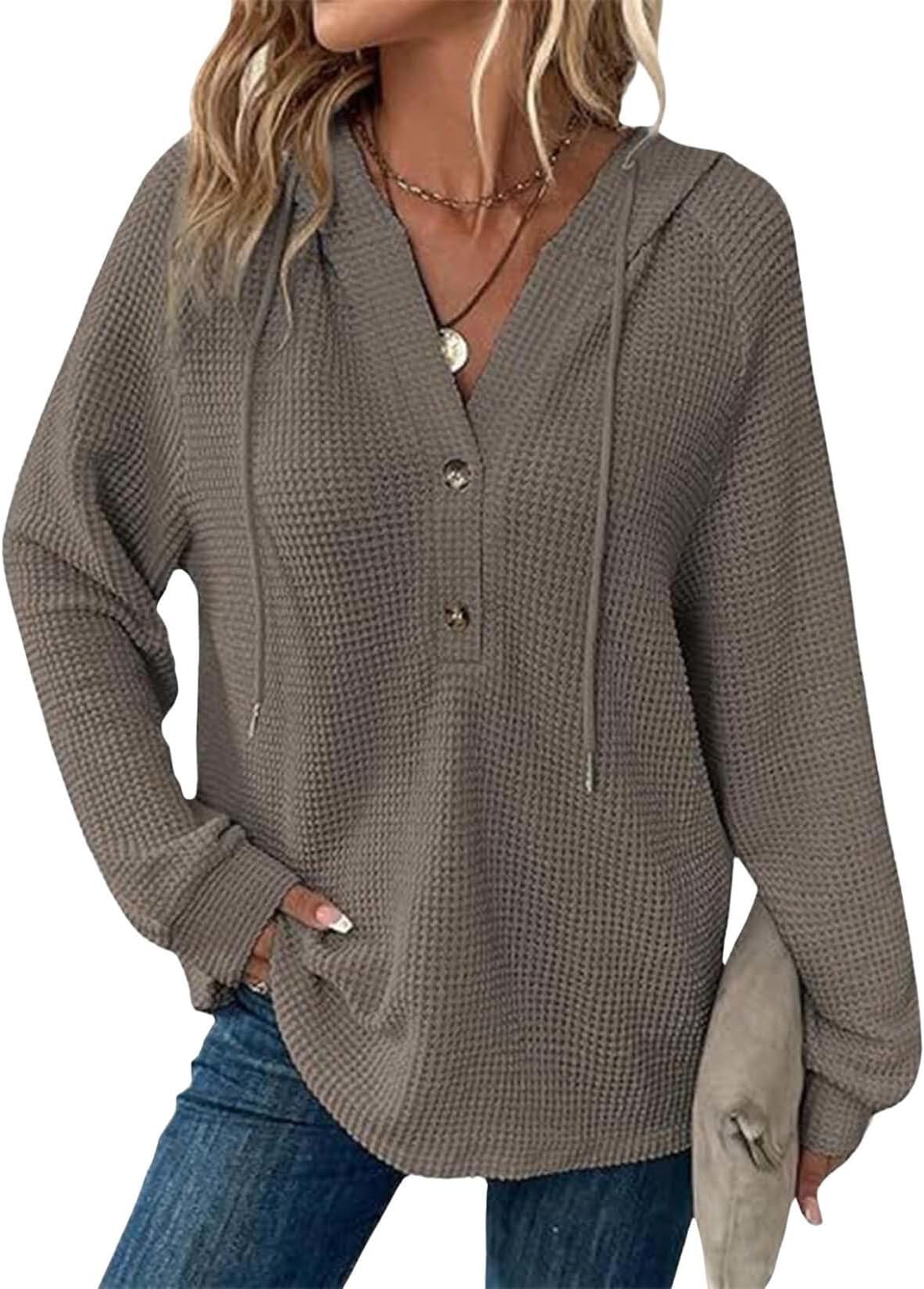 - Waffle Hooded Sweatshirt Women Drawstring Long Sleeve Button Up V Neck Casual Pullover Knit Sweatshirt Tops