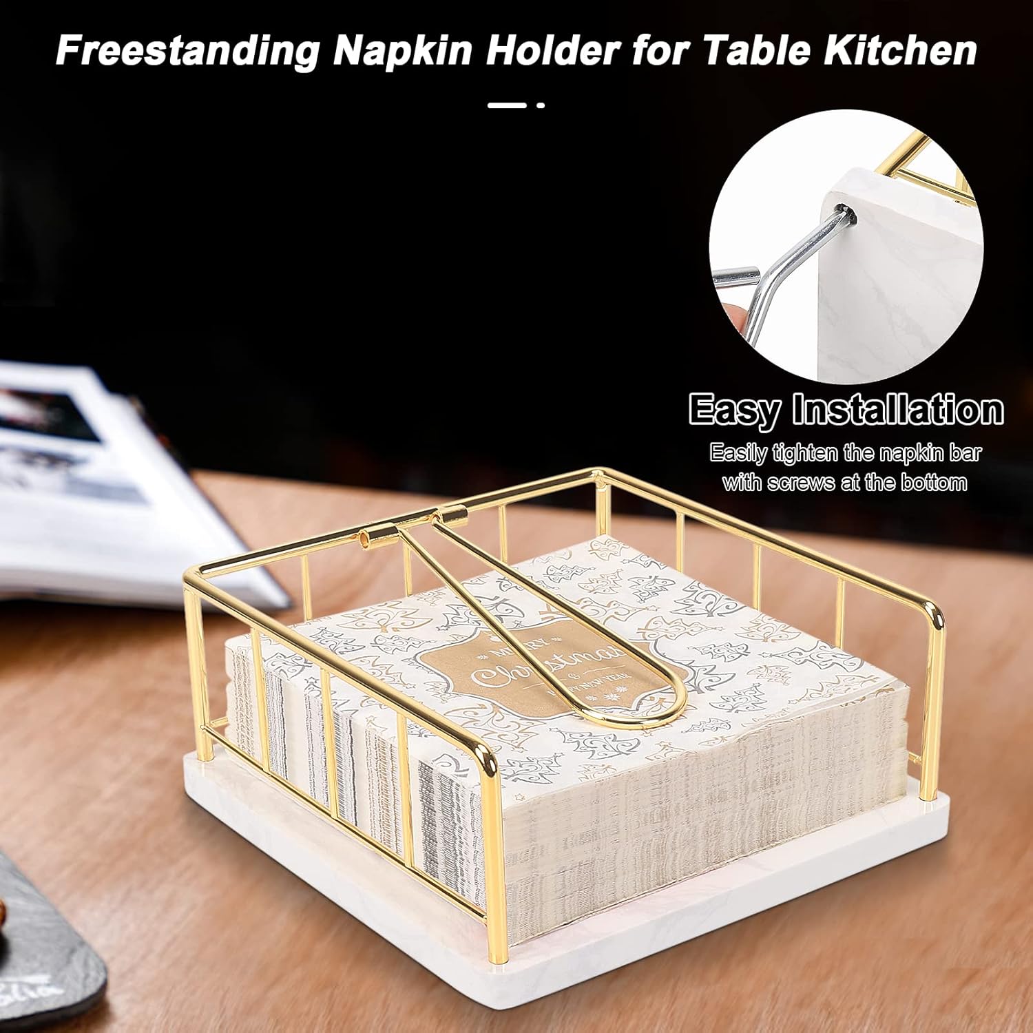 Livabber Flat Napkin Holder, Metal Kitchen Napkin Storage with Weighted Tension Arm Rustic Tissue Paper Dispenser for Countertop, Table Kitchen, Dining Room (With Marble Base, Gold)