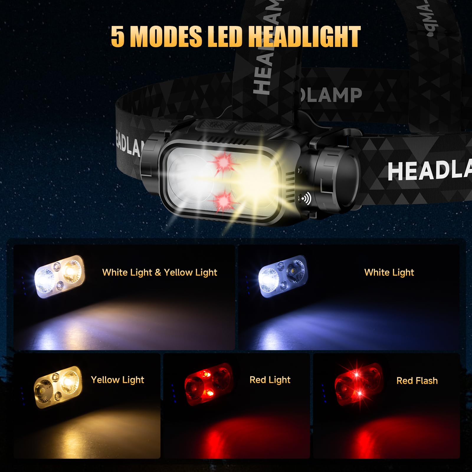 ATDOALL Wiederaufladbare LED-Stirnlampe, 6 Stück, hohe Lumen, superhelle Stirnlampe mit rotem Licht, Bewegungssensor, 5 Modi, 90° verstellbar, wasserdicht, leicht, Stirnlampen für Erwachsene, Laufen