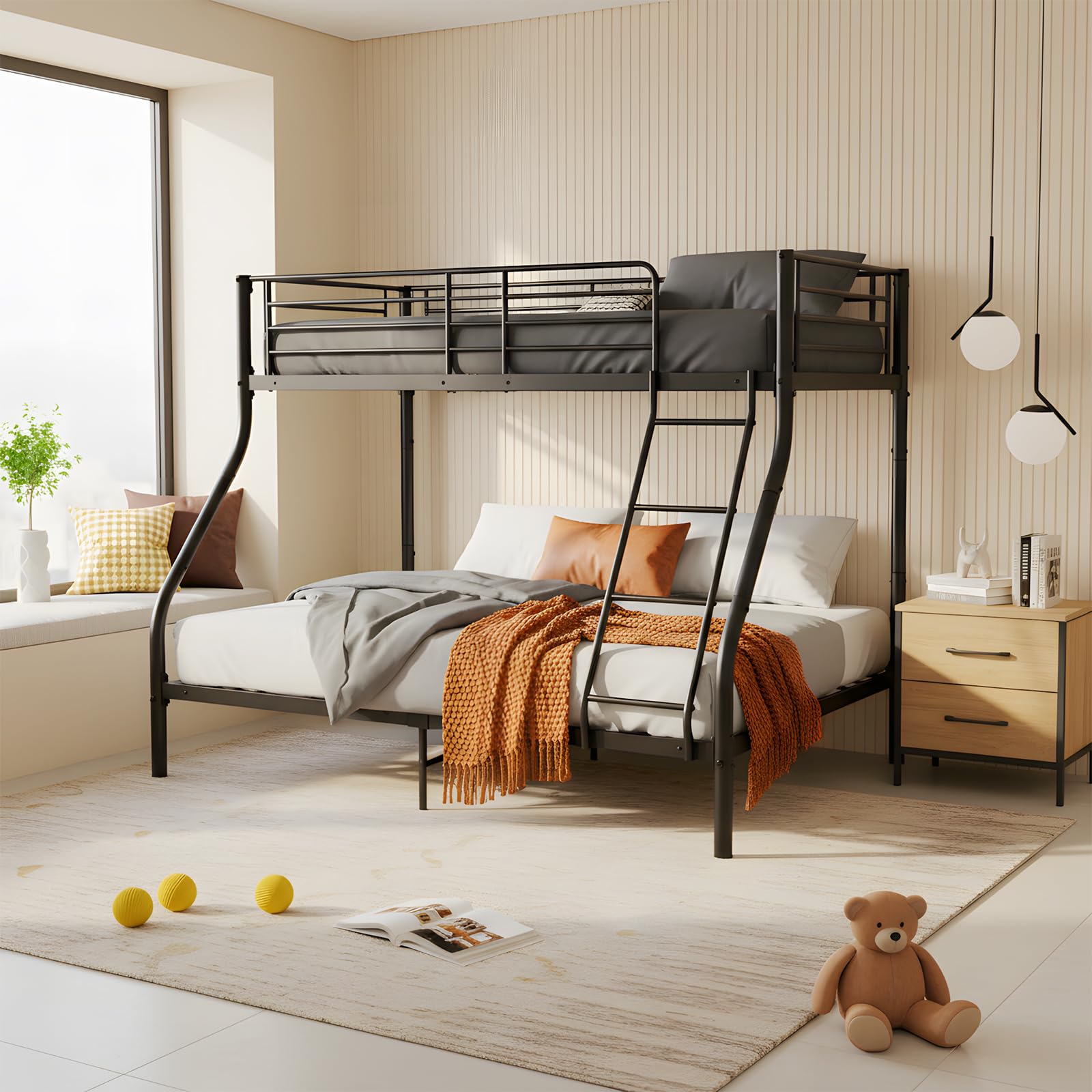 EGGREE Etagenbett Kinderbett 90x200 cm & 140x200 cm aus Metall, Schwarz | Metallbett mit Lattenrost, Leiter und Rausfallschutz, ideal für Kinderzimmer, Jugendzimmer und Gästezimmer
