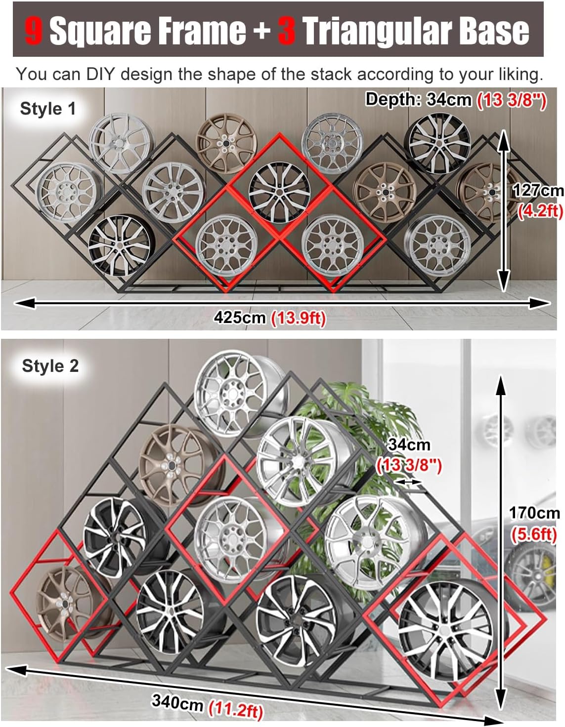 タイヤラック 9個 タイヤリムディスプレイラック 3つのベース付き