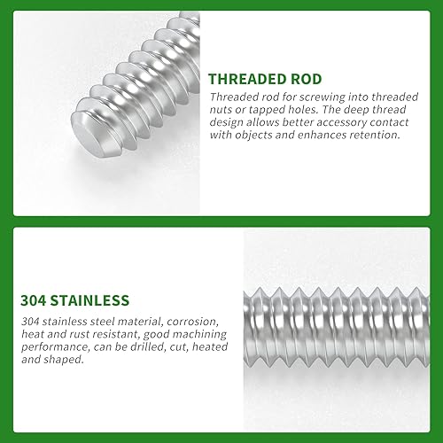 Miniatura 10 de TAISHER 2 varillas roscadas de acero inoxidable 304, rosca larga de 516 a 18 pulgadas de longitud, rosca derecha