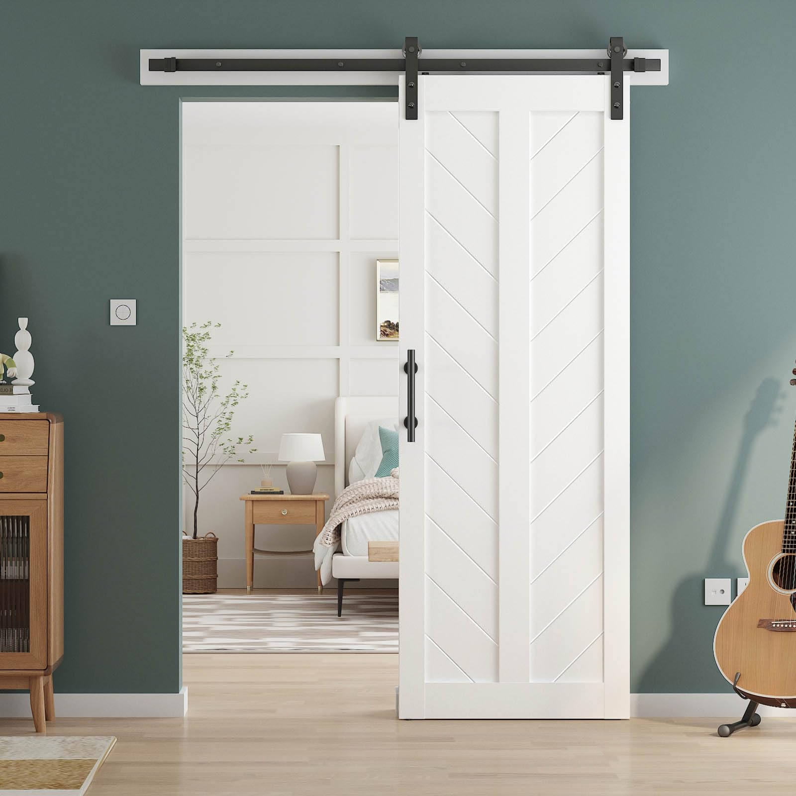 EaseLife 30in x 84in Sliding Barn Door with 5.5FT Barn Door Hardware Track Kit Included,Solid MDF Slab Covered with Water-Proof & Scratch-Resistant PVC Surface,DIY Assembly,Easy Install,White,V Frame