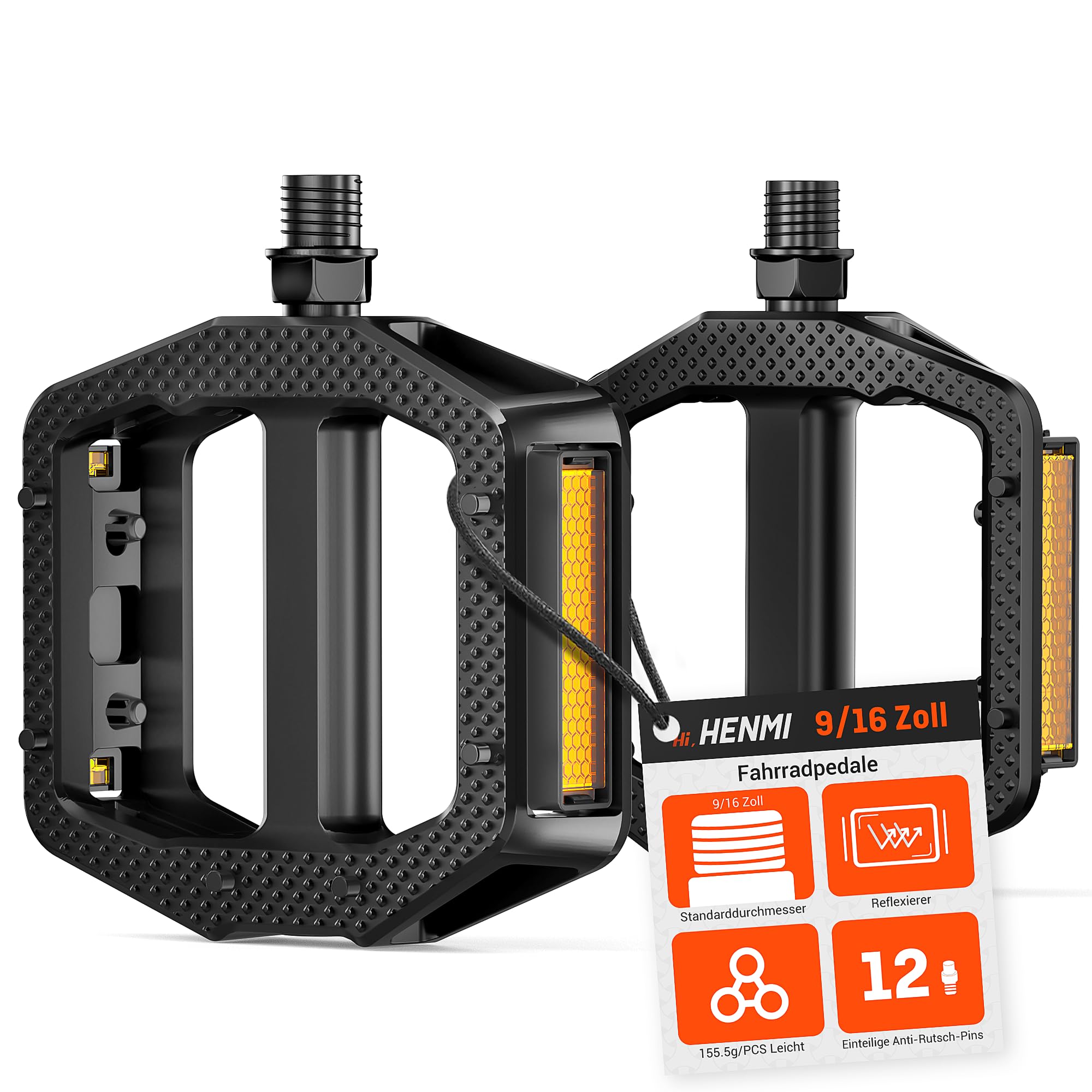 HENMI Fahrradpedale mit Reflektoren StVZO, MTB rutschfest Fahrrad Pedale 9/16 Zoll mit Abgedichtete Lager, Stabil Flat Pedale Set für Ebike Gravel Bike Trekking Rennrad Mountainbike Kinderfahrrad