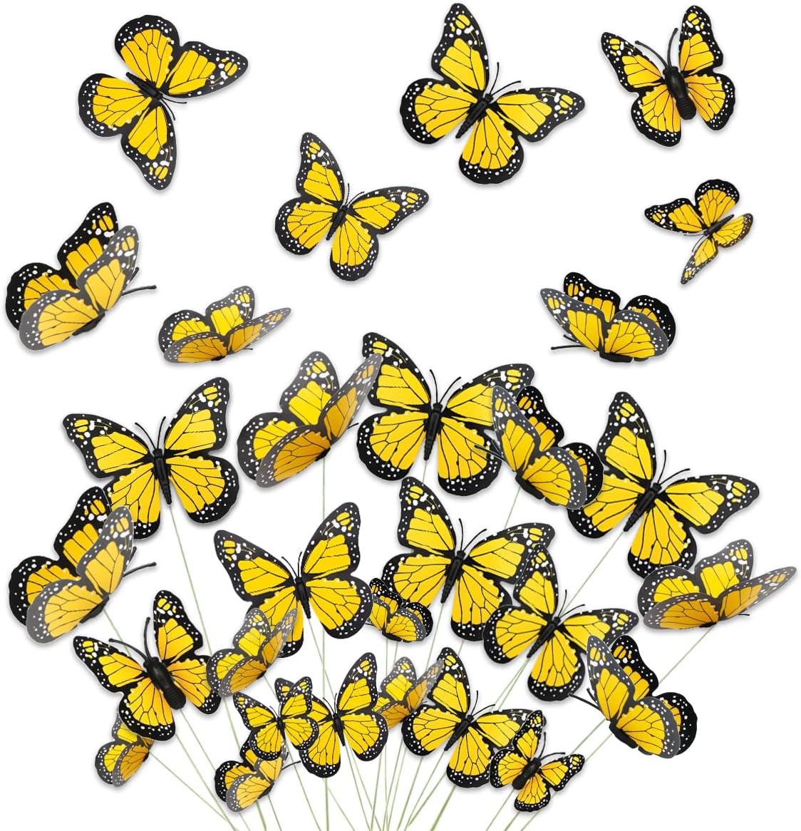 48 Yellow Monarch Butterfly Decor, 3D Butterfly Sticker Stakes Garden Decoration 4 Sizes Fake Butterflies Wall Decal for Home Wedding Party Christmas Decorations