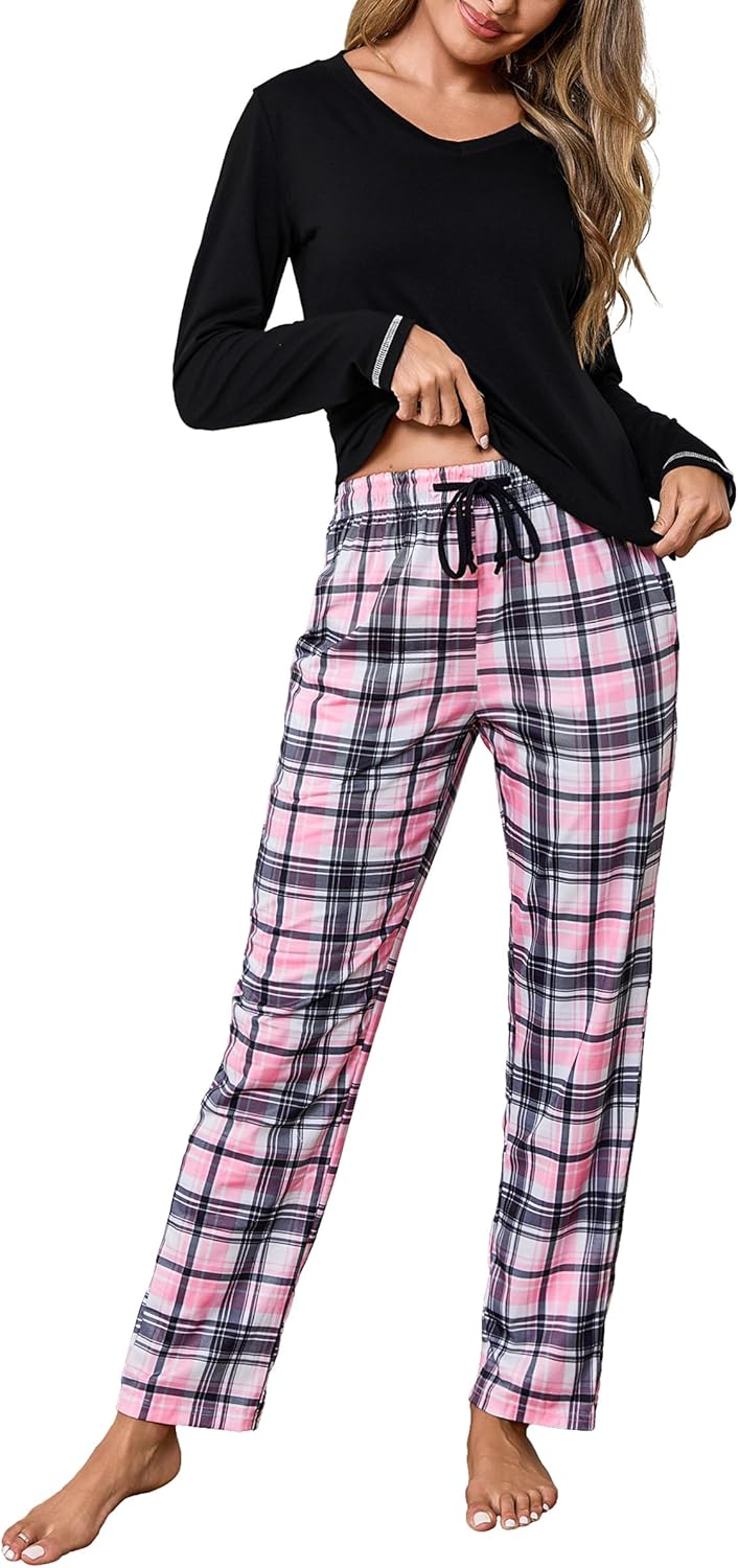 Litherday Damespyjama voor de winter, katoen, tweedelig, lange mouwen, geruit, lange broek met trekkoord en zakken, loungewear S-XXL, A-Donker Grijs, S