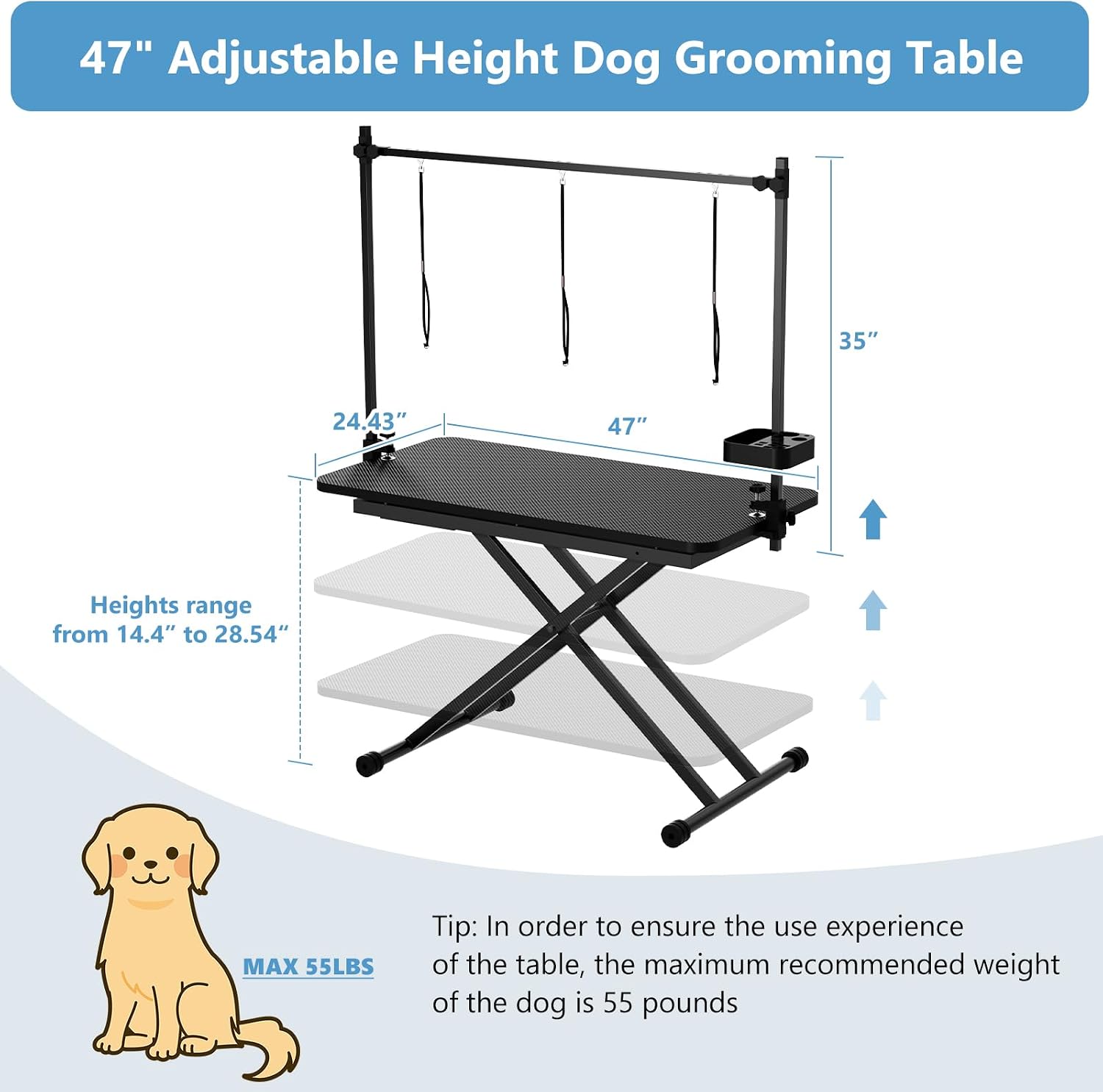 ROOMTEC 47 Inch Dog Grooming Table,Adjustable Height Pet Grooming Table,with Tool Organizer, Anti Slip Tabletop,Easy to Move