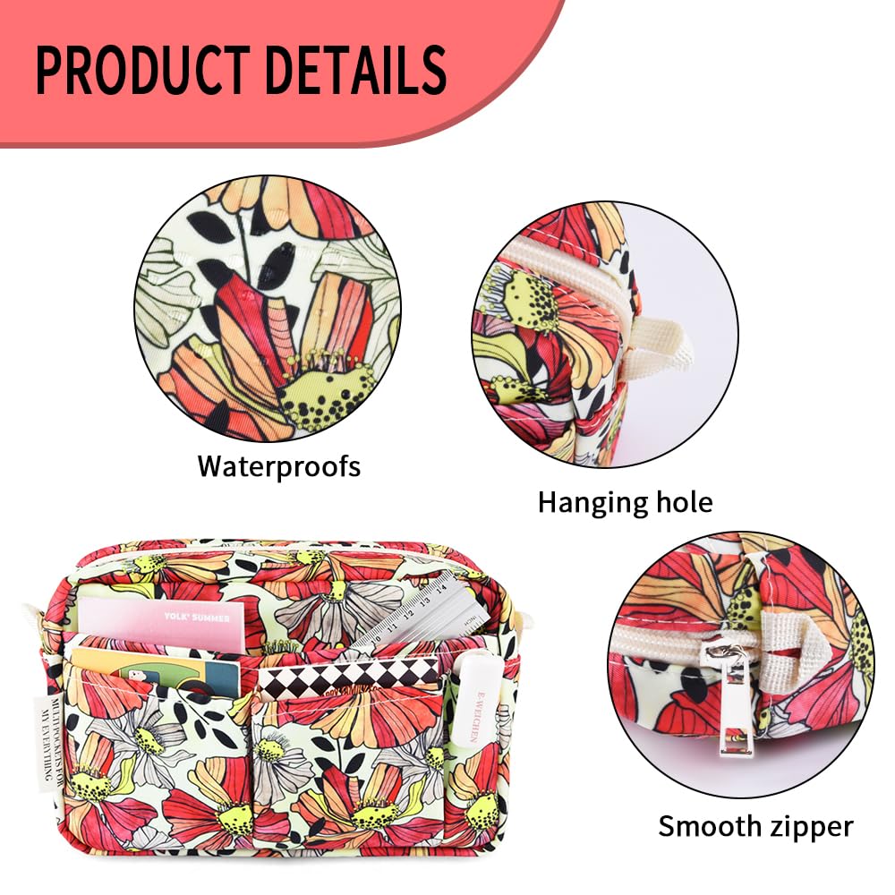 E-WEICHEN Organizador de cartera de múltiples bolsillos con cremallera, bolsa de maquillaje, artículos esenciales de viaje para mujeres, bolsa simple impermeable para lápices de papelería para diario,