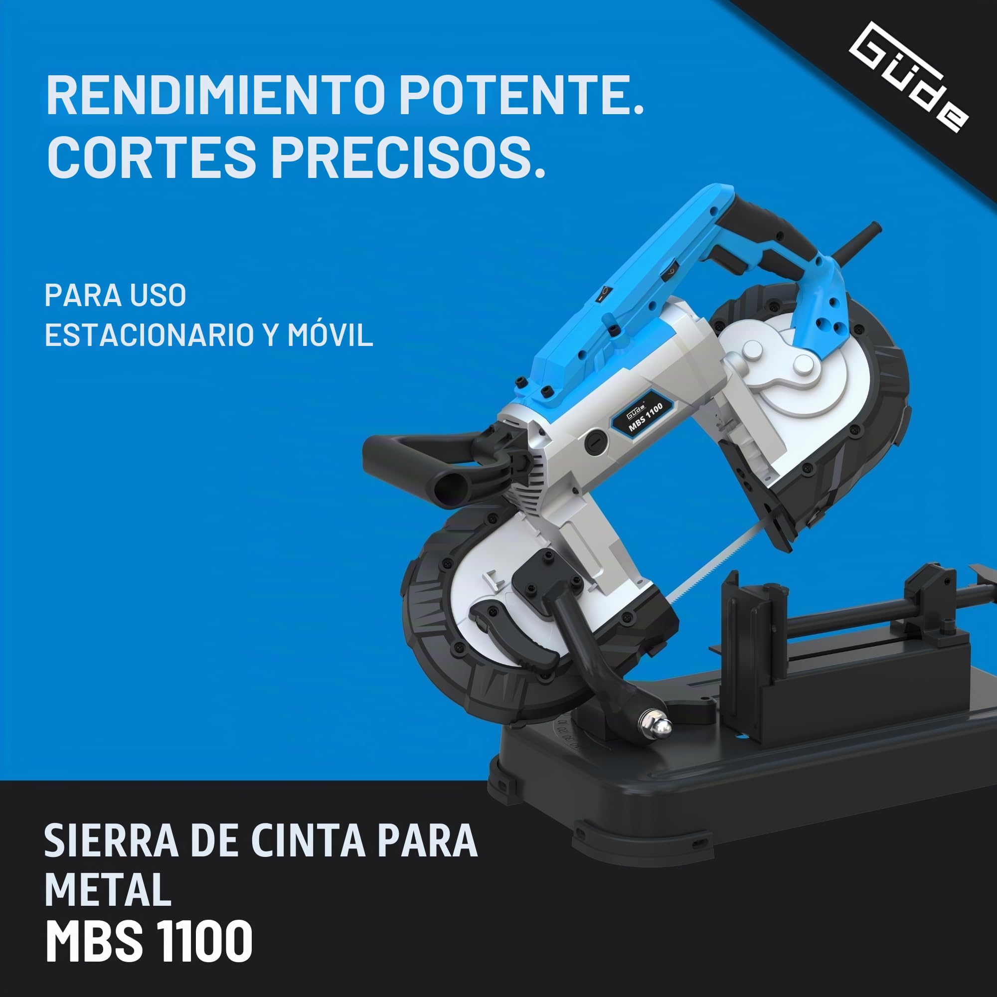 Güde Sierra de cinta metálica MBS 1100 (1100 W, mesa de trabajo extraíble (uso estacionario y móvil), velocidad de banda 144 m/min, 2 cintas de sierra 1140 mm, luz LED, potencia de corte
