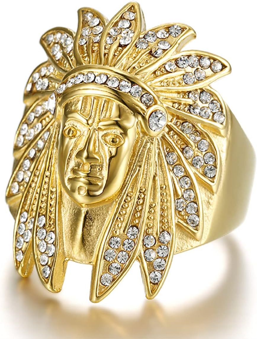Indian Chief Ring, Native American Indian Chief Head Ring for Men, Norse Viking Warrior Ring Indian Chief Jewelry, Hip Hop Tribal Chief Head Band Ring Punk Gold Chief Ring for mens