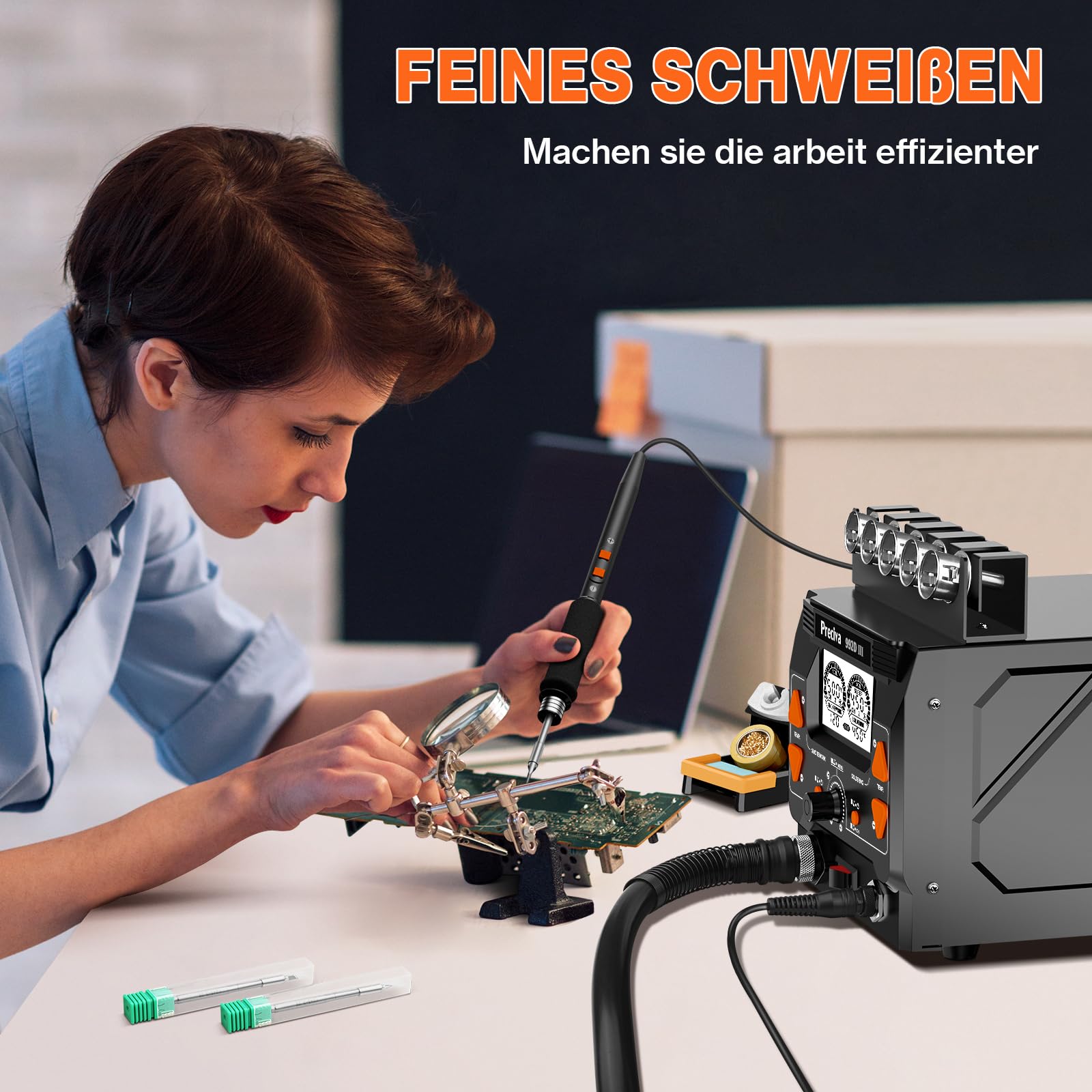 Lötstation, Preciva 992D III Heißluftlötstation Entlötstation professionelle 1220W Repairing-Station Heißluft Station für SMD Löten Lötkolben 90-450℃ Heißluft 100-500℃