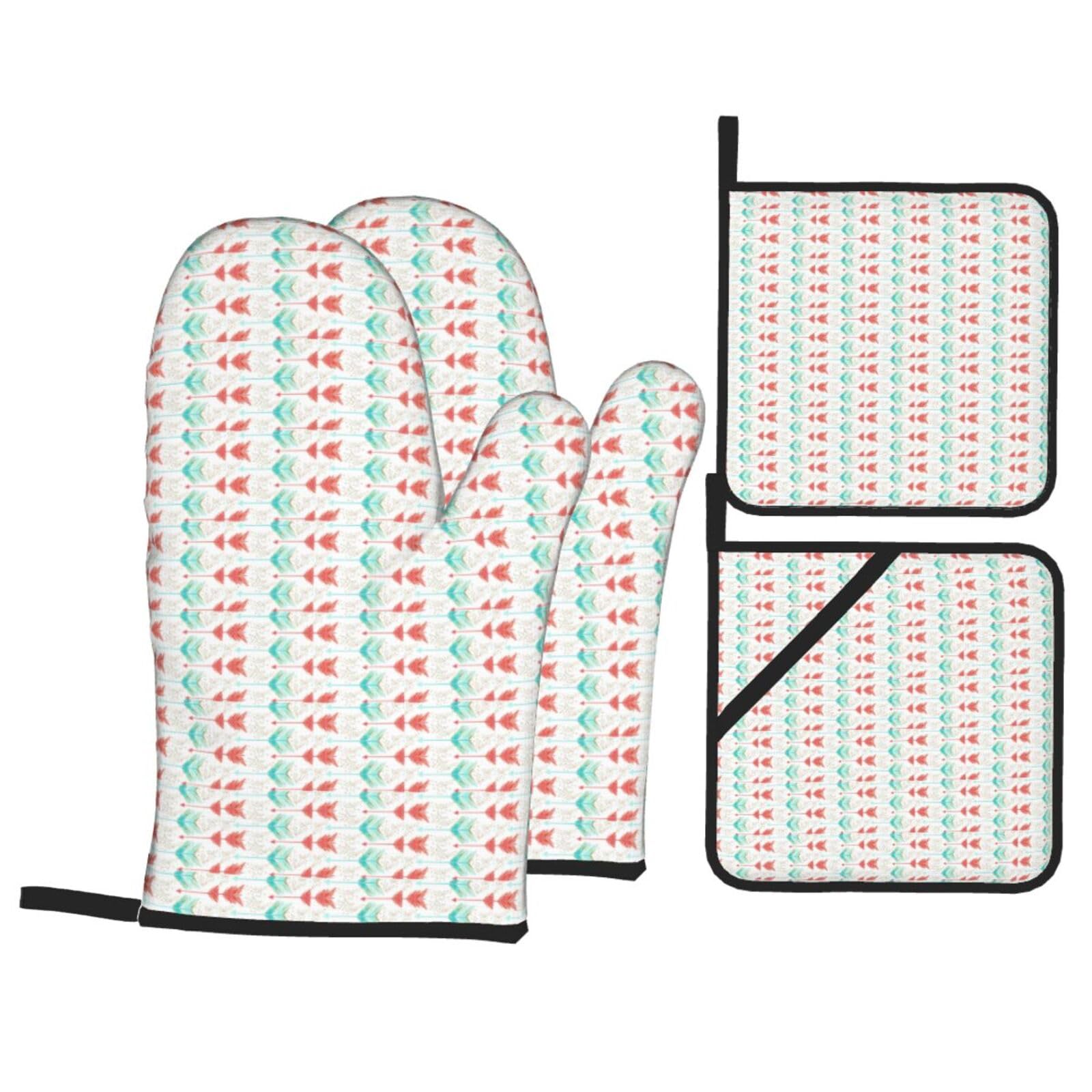 Coral and Teal Arrows Print 4-Piece Oven Microwaving Set Waterproof Kitchen Gloves for Baking Grilling Cooking