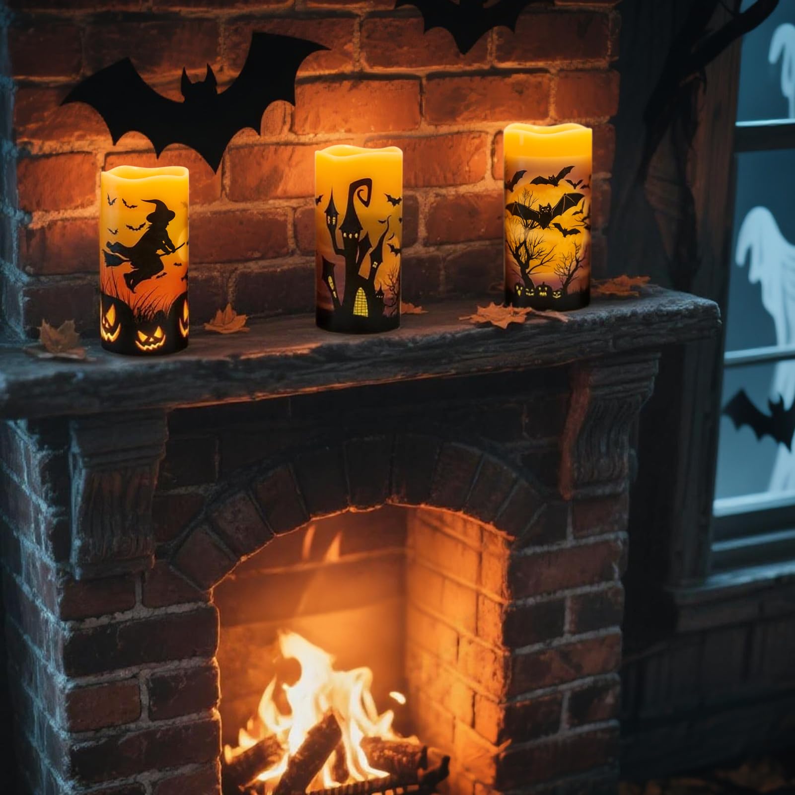 Candele ricaricabili per Halloween, senza fiamma, a batteria, con telecomando e timer, in vera cera tremolante, LED, pipistrelli, strega, zucca, cena, Halloween, decorazione per interni