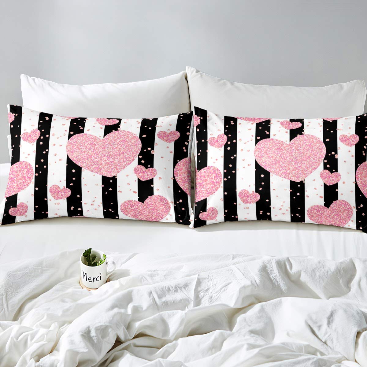 Homemissing Juego de ropa de cama para niñas y niñas, diseño de corazones con purpurina rosa, funda de edredón para niños, color blanco, negro, rayas, moderno, romántico, 3 piezas con 2 fundas de