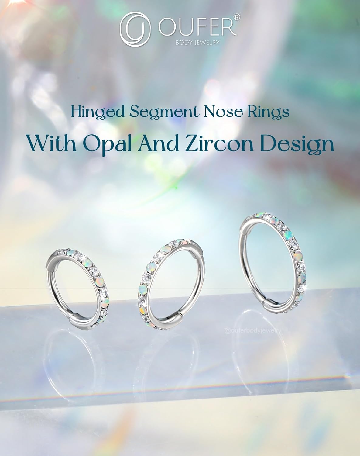 OUFER Opal and CZ 20G Nose Rings Hoops, 316L Surgical Steel Hinged Segment Nose Piercing Jewelry, Septum Lip Eyebrow Rings Cartilage Conch Rook Helix Tragus Daith Earrings For Women and Men-6/7/8MM - Image 2