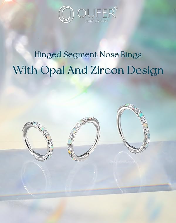 OUFER Opal and CZ 20G Nose Rings Hoops, 316L Surgical Steel Hinged Segment Nose Piercing Jewelry, Septum Lip Eyebrow Rings Cartilage Conch Rook Helix Tragus Daith Earrings For Women and Men-6/7/8MM by OUFER - Image 2
