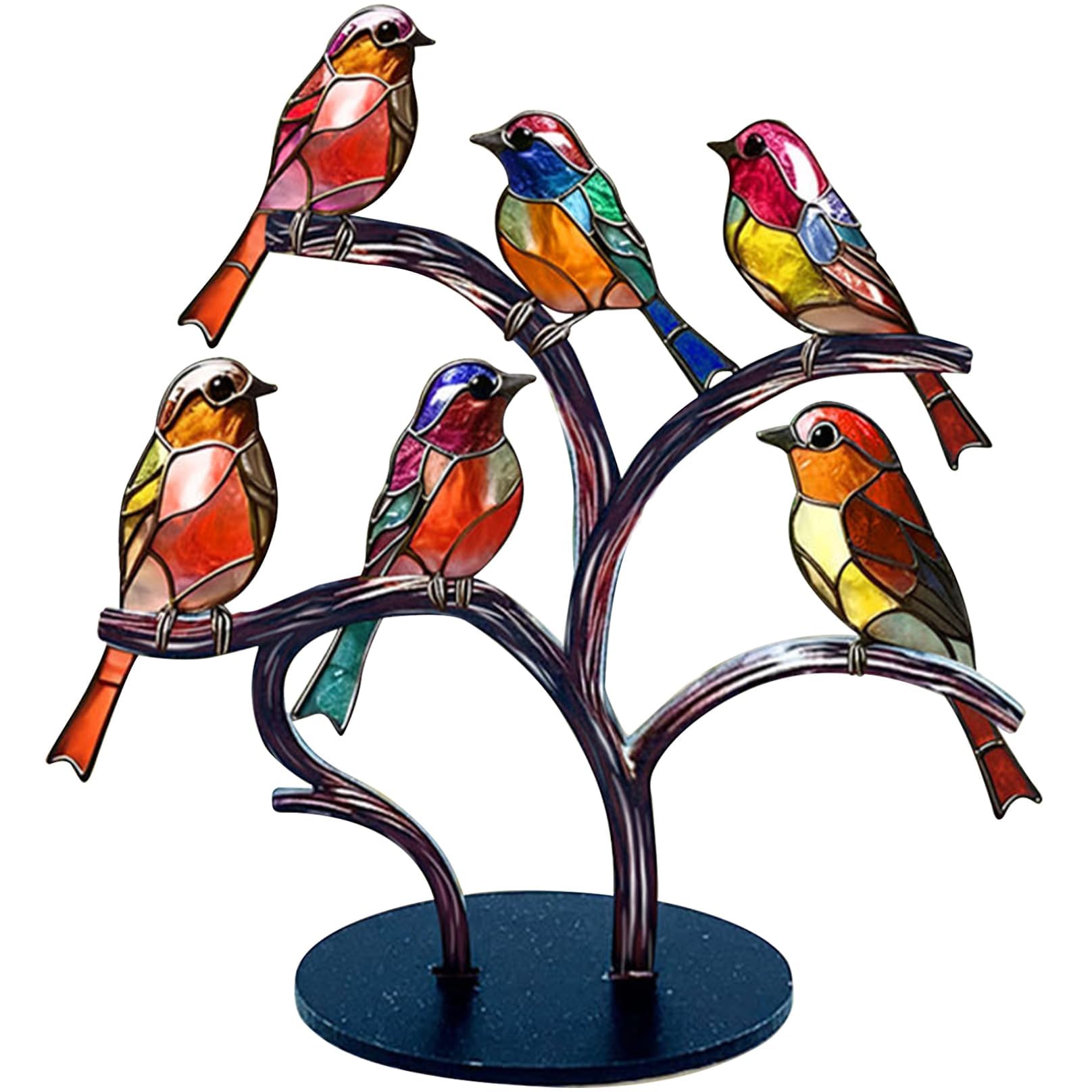 Azonee Stained Glass Birds Ornament, 6 Birds Imitation Glass Art Tabletop Decor, Metal Vivid Craft Desktop Ornaments for Home Office, Retro Acrylic Decoration