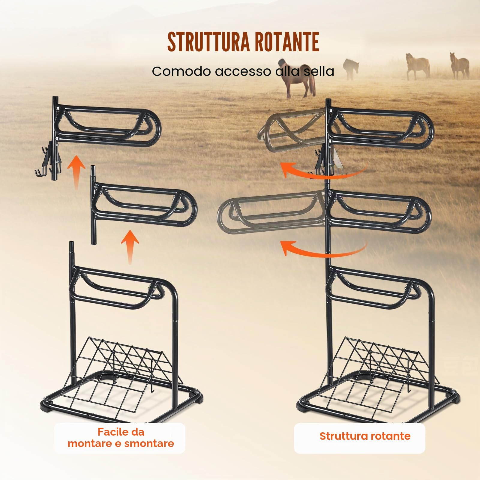 VEVOR Supporto per Sella Autoportante, Supporto per Sella a 3 Livelli, Supporto per Coperta Sella Resistente con Livelli Rimovibili Rotanti, Supporto per Sella Inglese Western, 76,2 x 76,2 x 173,9 cm