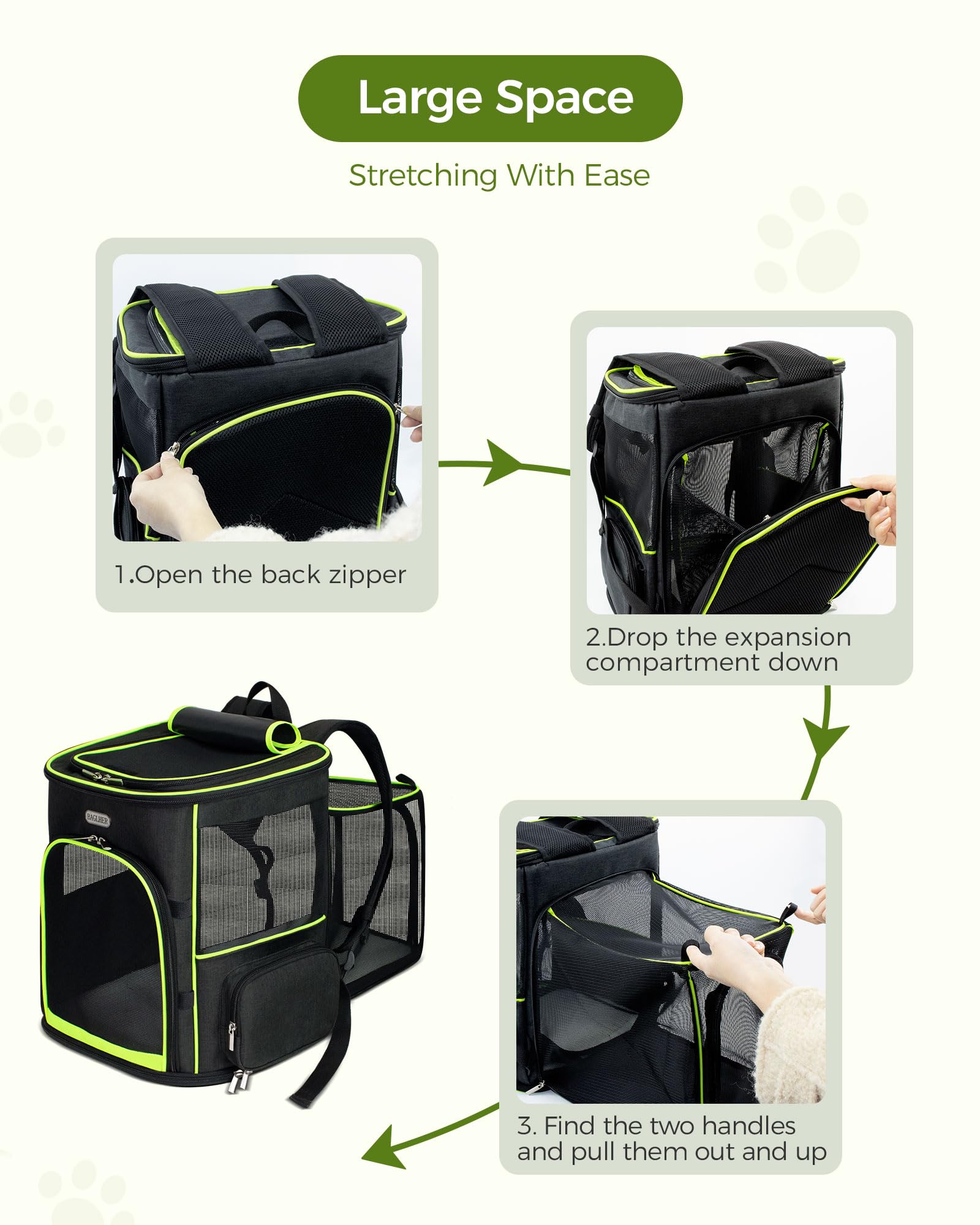 BAGLHER Expandable Cat Carrier Backpacks, Retractable Pet Carrier Backpack for Small Dogs & Cats with Breathable Mesh, Travel Bag Up to 18 Lbs for Hiking Camping Outdoor - Green - image 7
